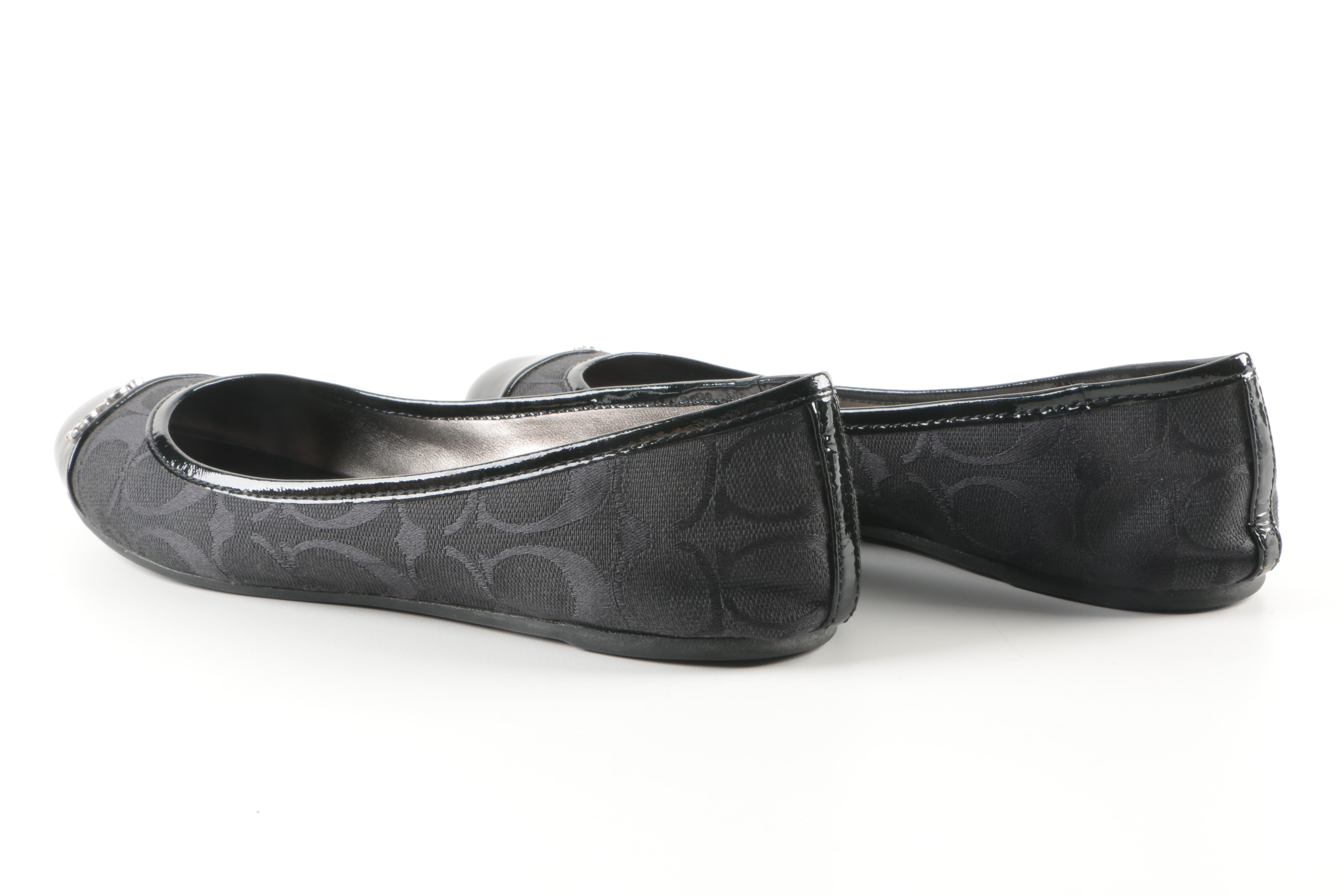 Coach "Darena" Black Canvas Logo Ballet Flats