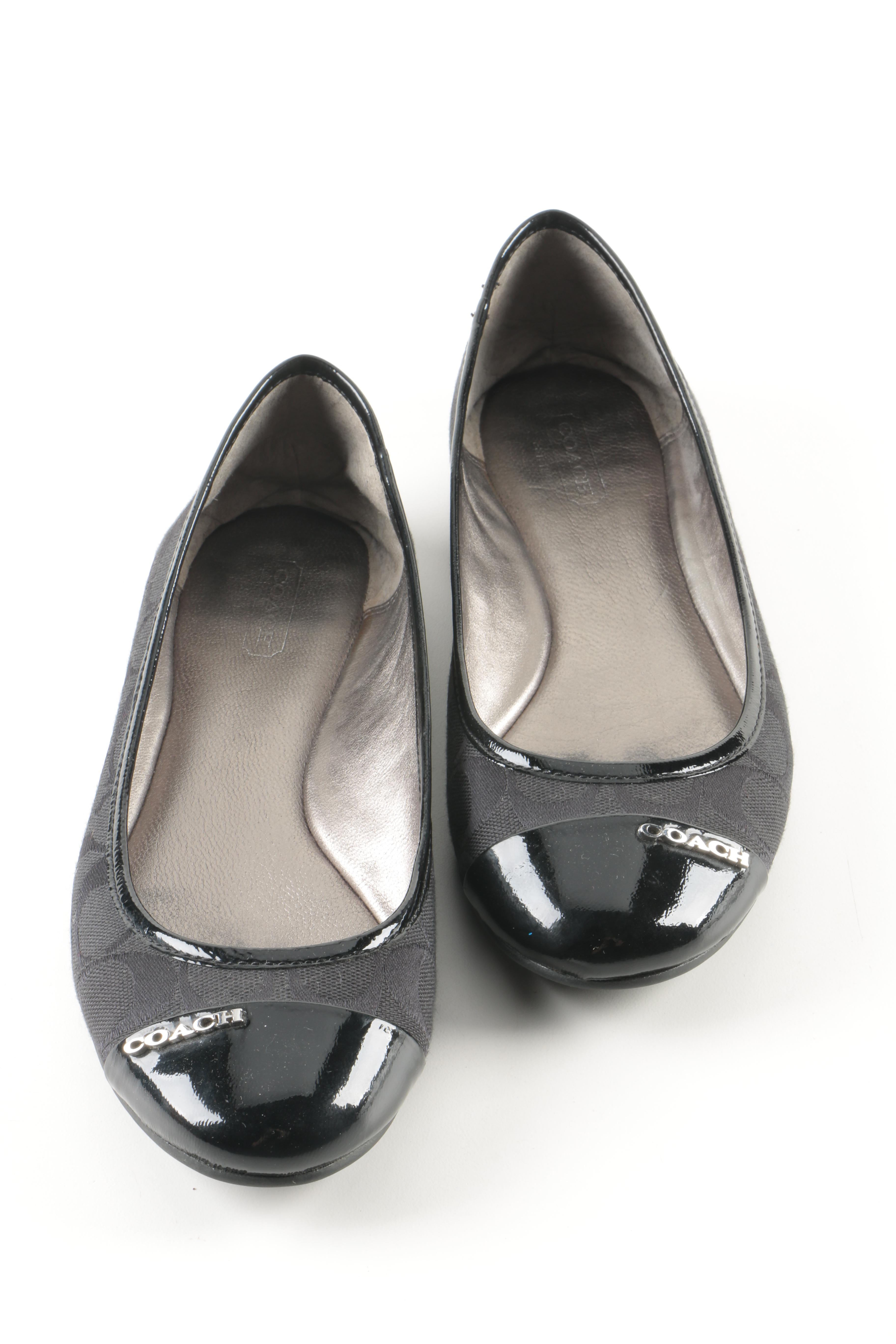 Coach "Darena" Black Canvas Logo Ballet Flats