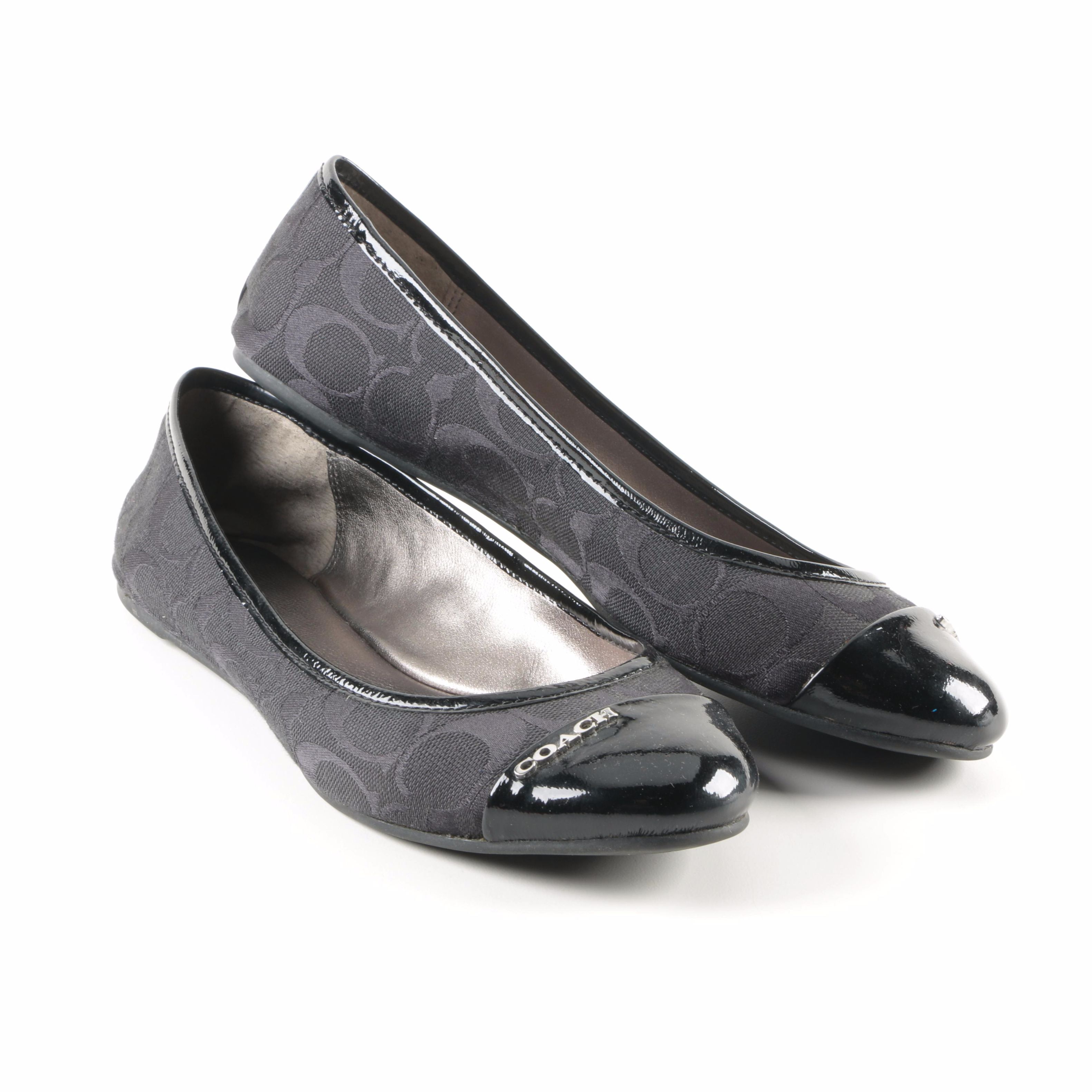 Coach "Darena" Black Canvas Logo Ballet Flats