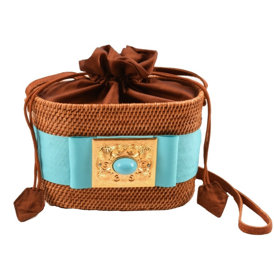 Hand Woven Bosom Buddy Handbag with Turquoise Grosgrain Ribbon