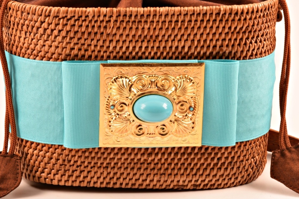 Hand Woven Bosom Buddy Handbag with Turquoise Grosgrain Ribbon