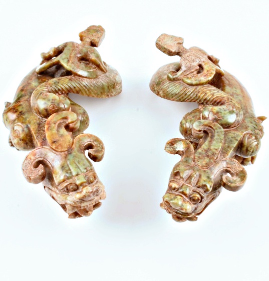 Pair of 19th Century Well Carved Nephrite Jade Chinese Dragons