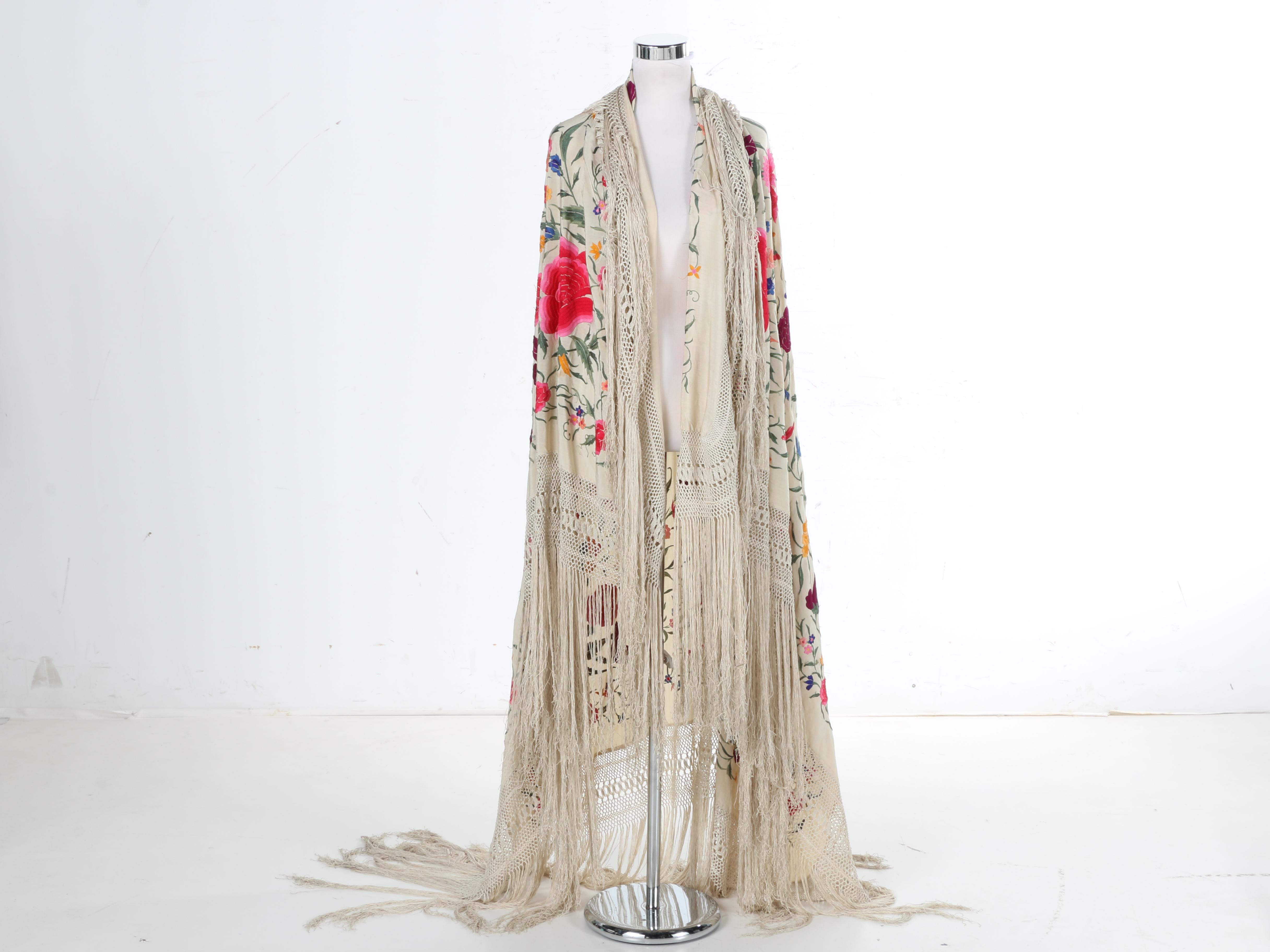 1920s Embroidered Silk Piano Shawl