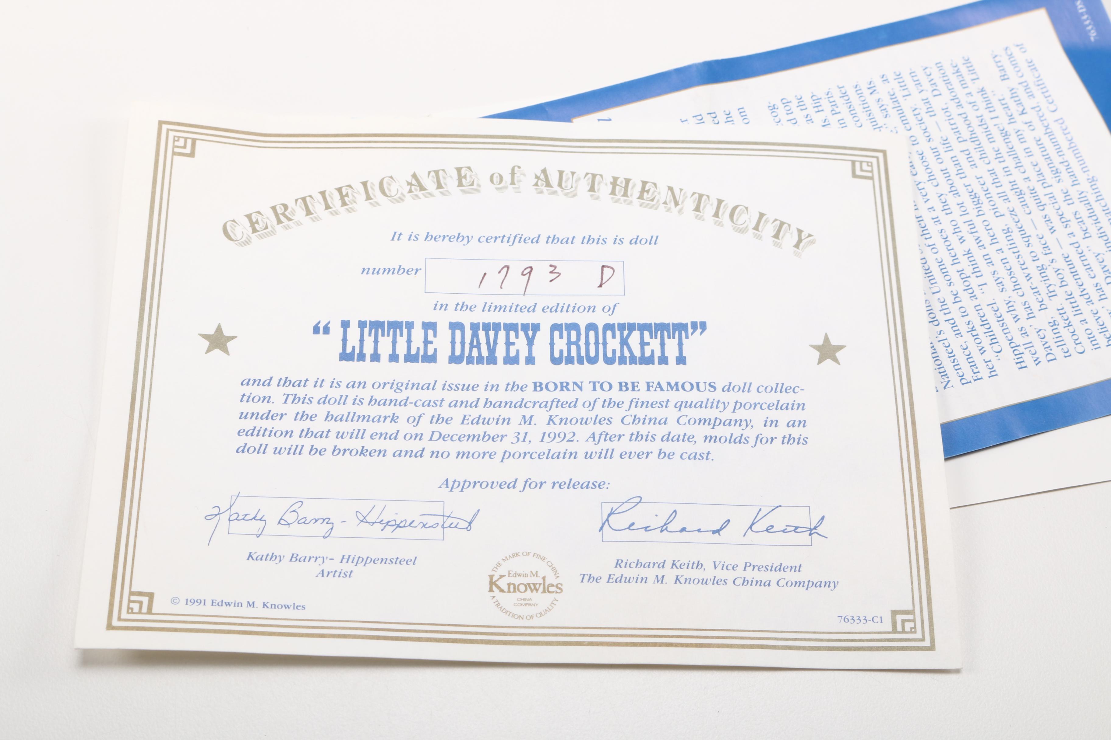 Edwin M. Knowles China Company Limited Edition "Little Davey Crockett" Porcelain Doll