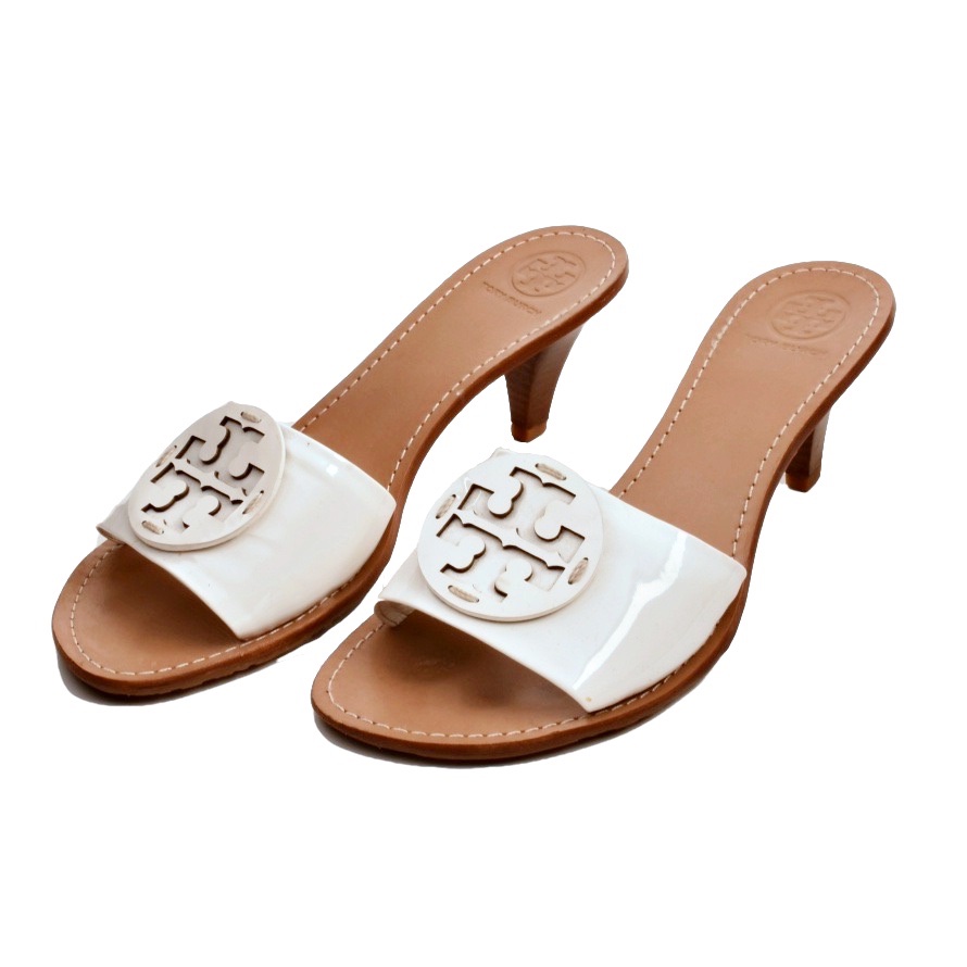 Tory Burch Parchment Patent Leather Logo Slides with Stacked Heel