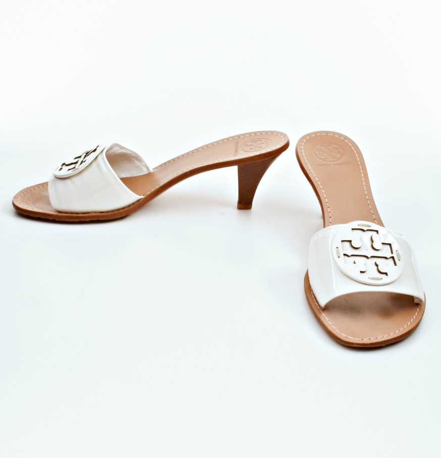 Tory Burch Parchment Patent Leather Logo Slides with Stacked Heel