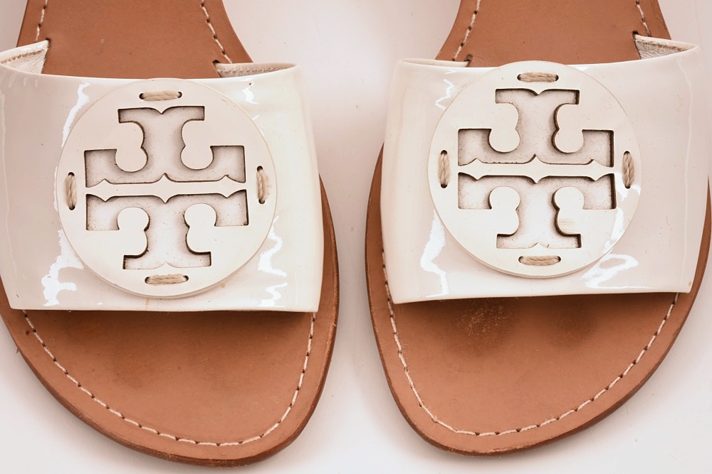 Tory Burch Parchment Patent Leather Logo Slides with Stacked Heel