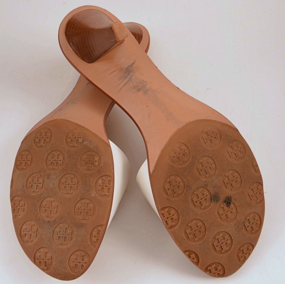 Tory Burch Parchment Patent Leather Logo Slides with Stacked Heel