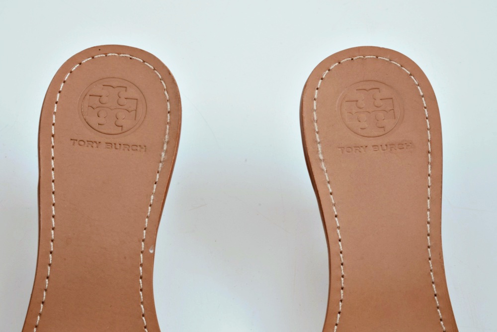 Tory Burch Parchment Patent Leather Logo Slides with Stacked Heel