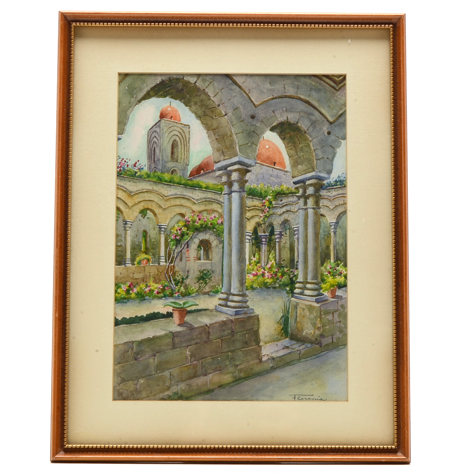 Signed Original Watercolor of Outdoor Courtyard Scene