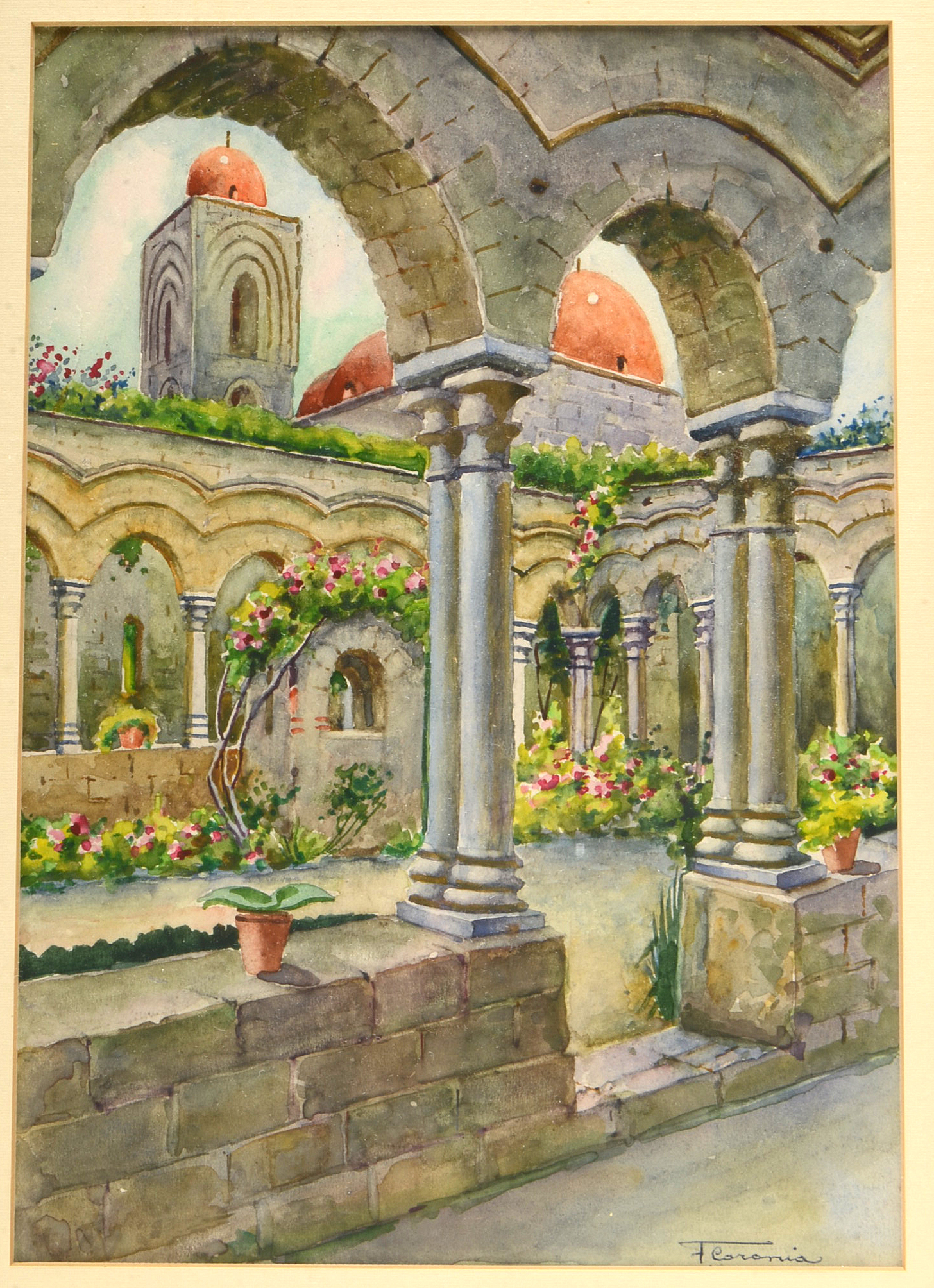Signed Original Watercolor of Outdoor Courtyard Scene