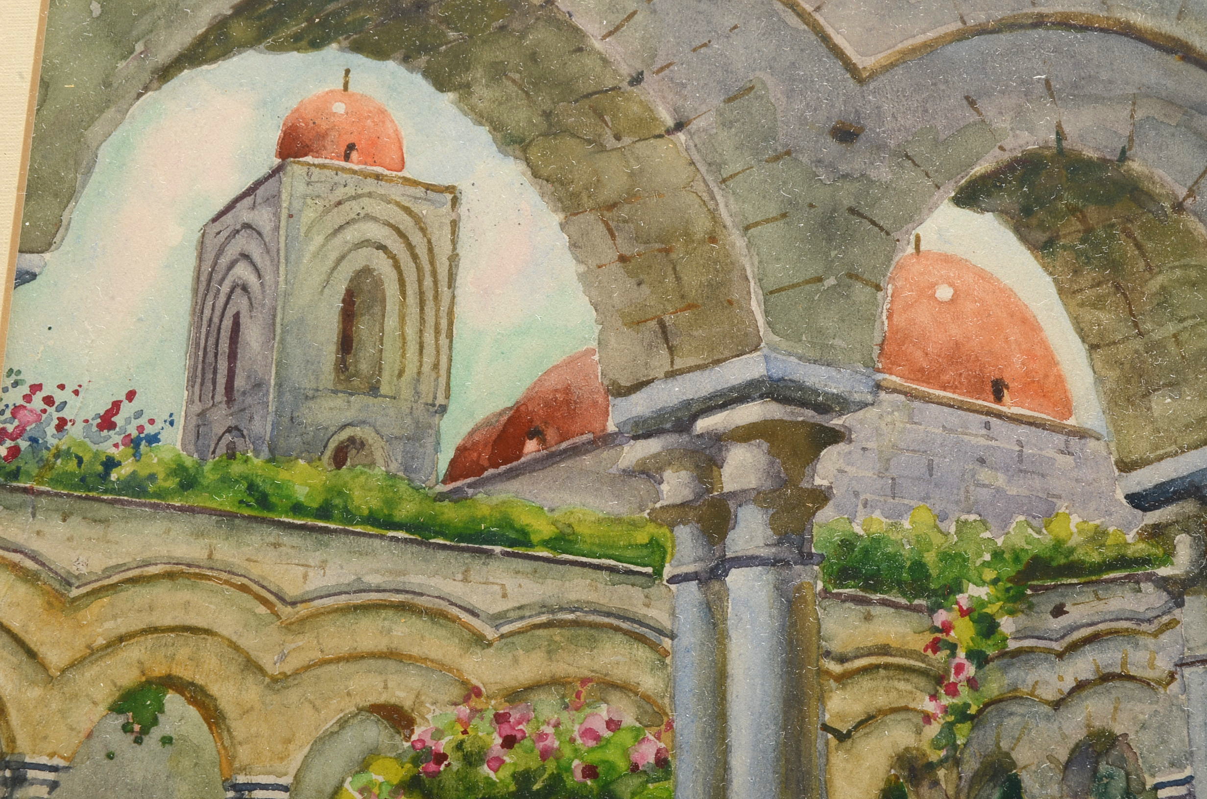 Signed Original Watercolor of Outdoor Courtyard Scene