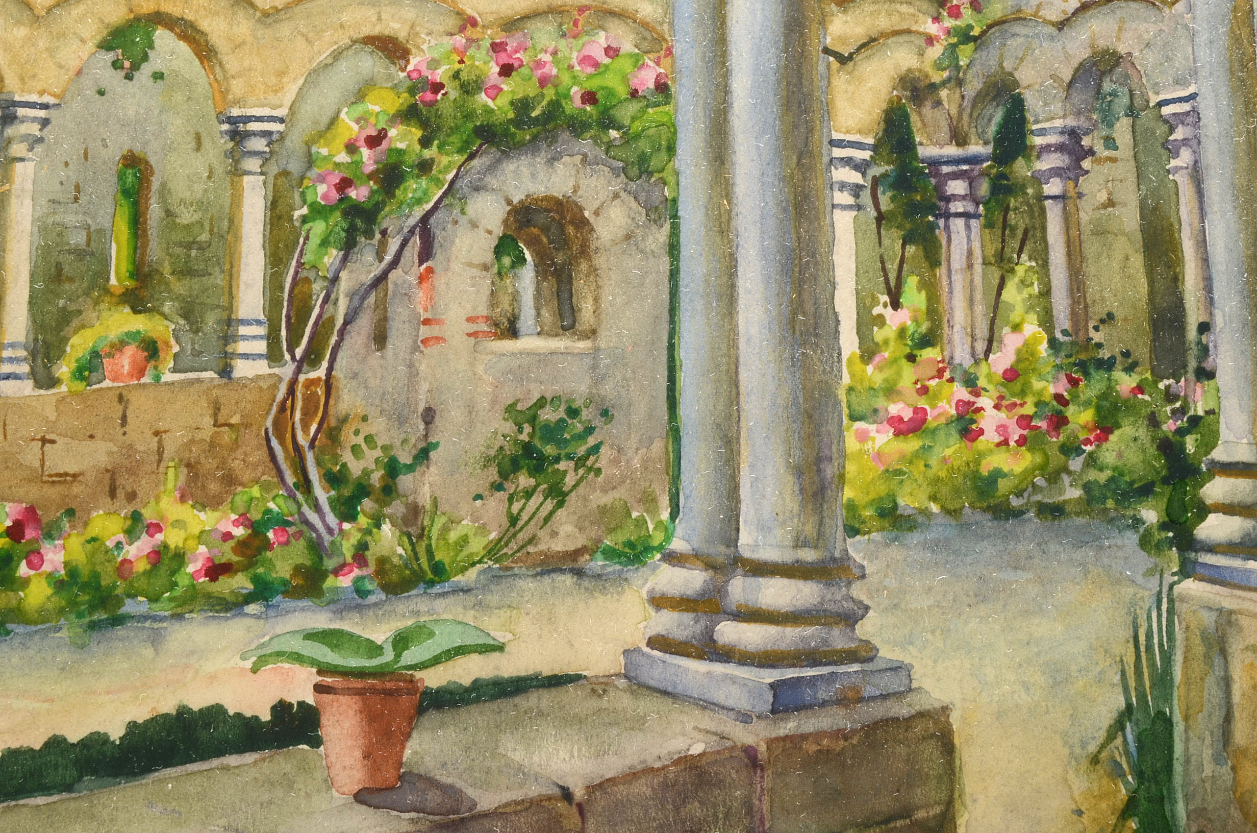 Signed Original Watercolor of Outdoor Courtyard Scene