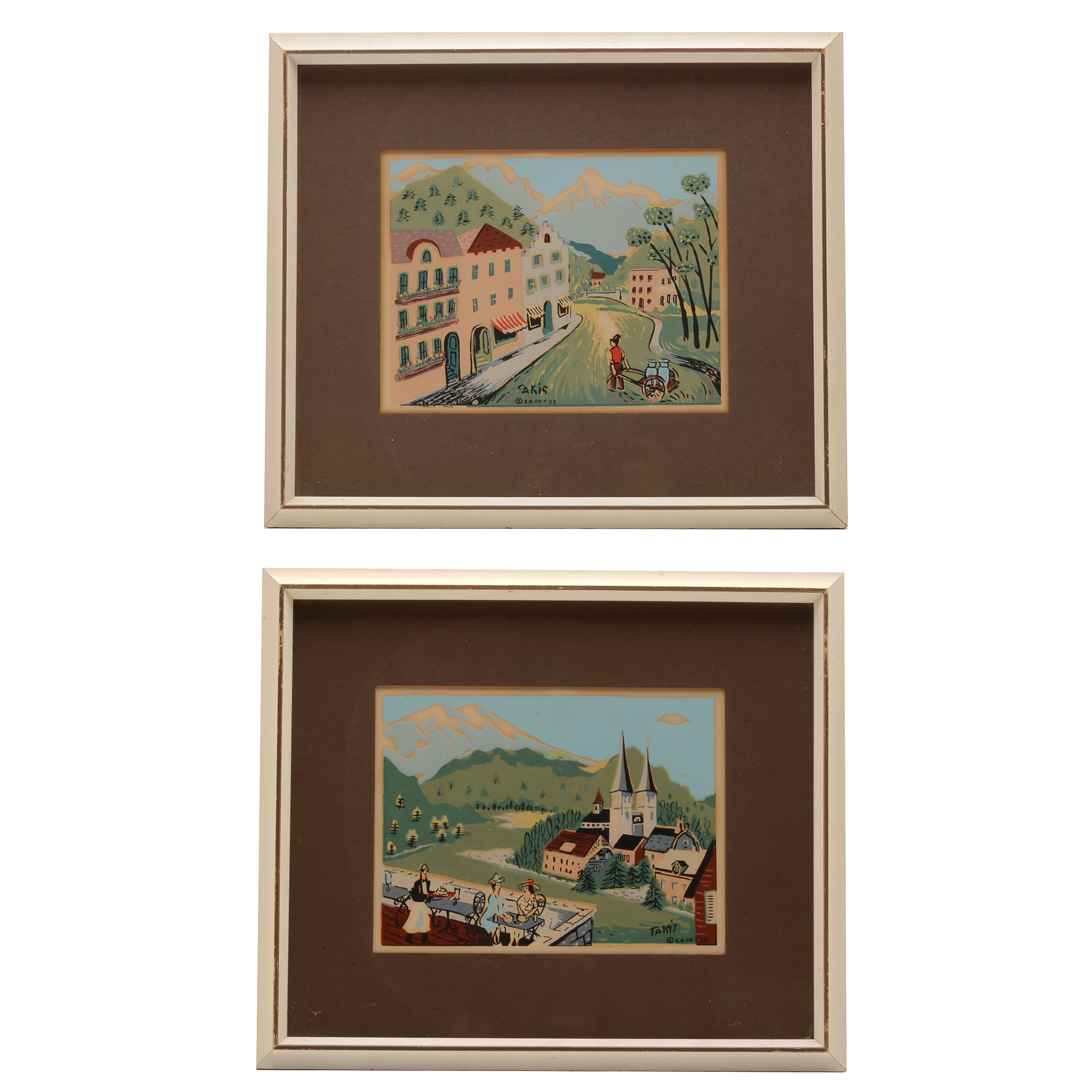 Two Nicholas Takis 1930s Serigraphs of European Townscapes