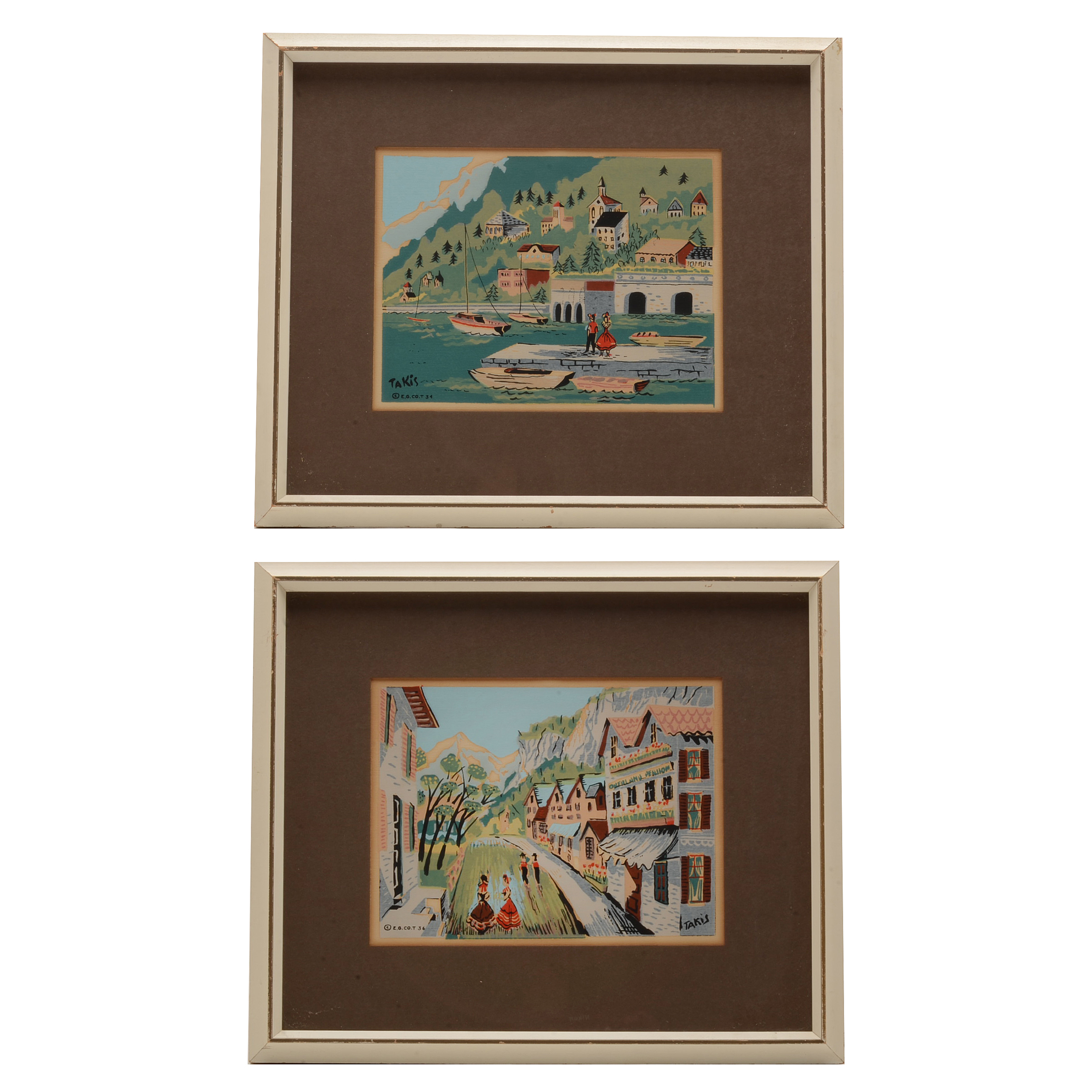 Two Nicholas Takis 1930s Serigraphs of European Townscapes