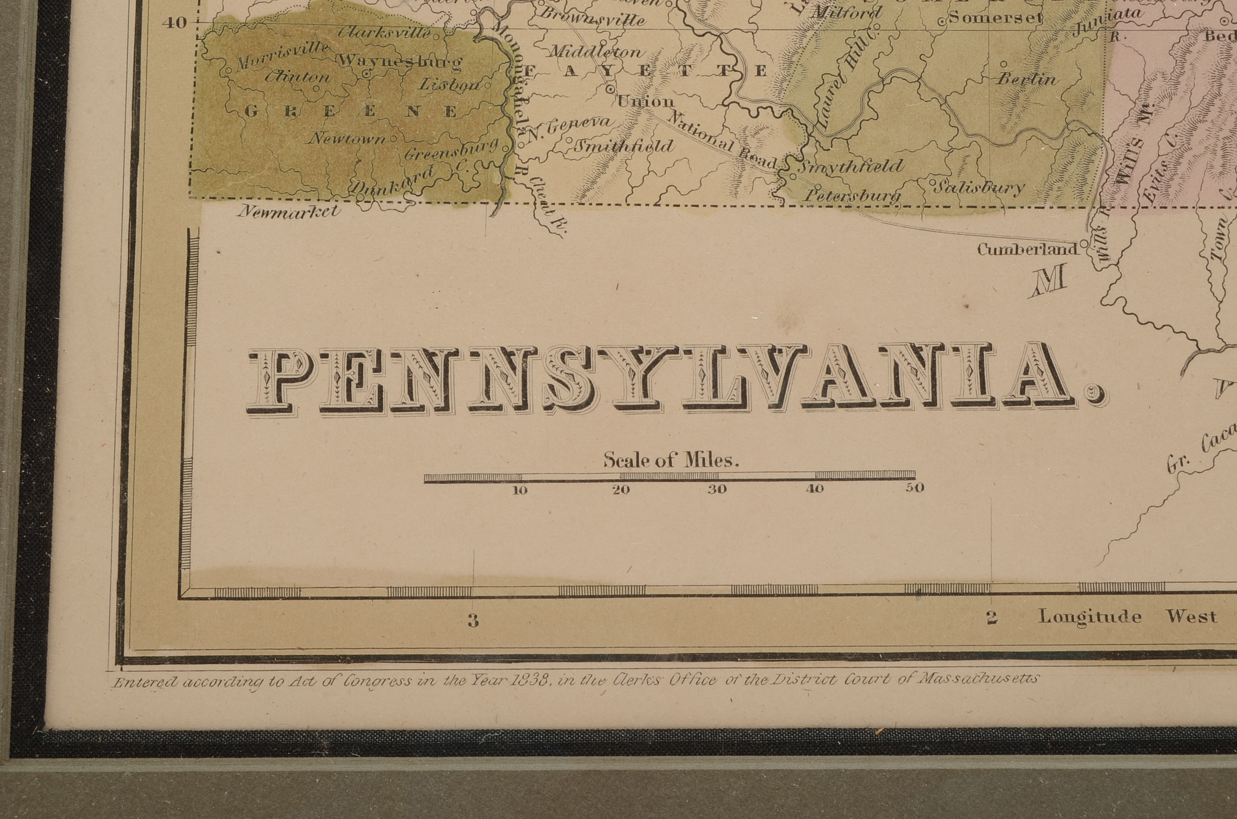 G. W. Boynton 1838 Hand-Colored Atlas Plate Engraving of Pennsylvania