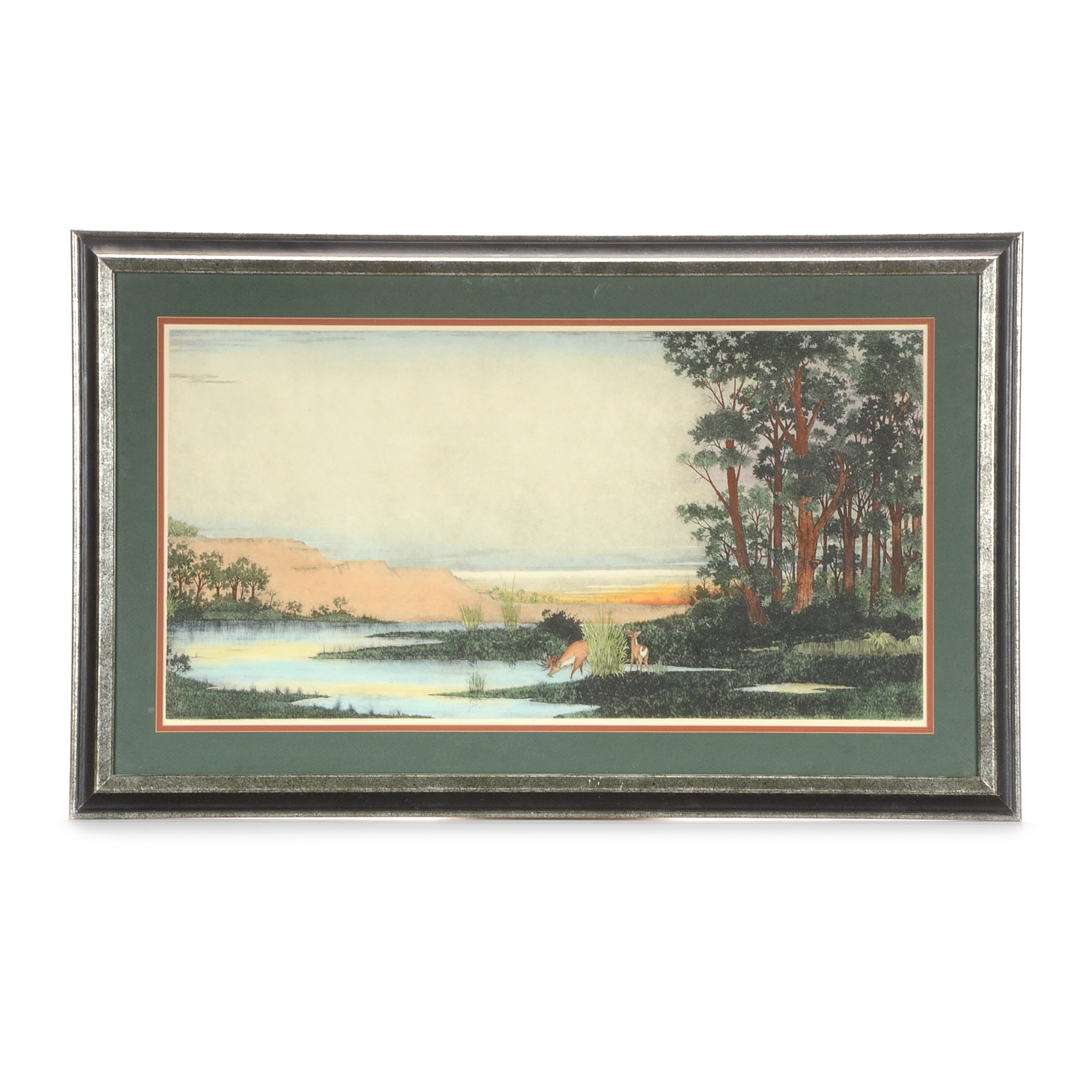 Hand-Colored Landscape Etching with Deer