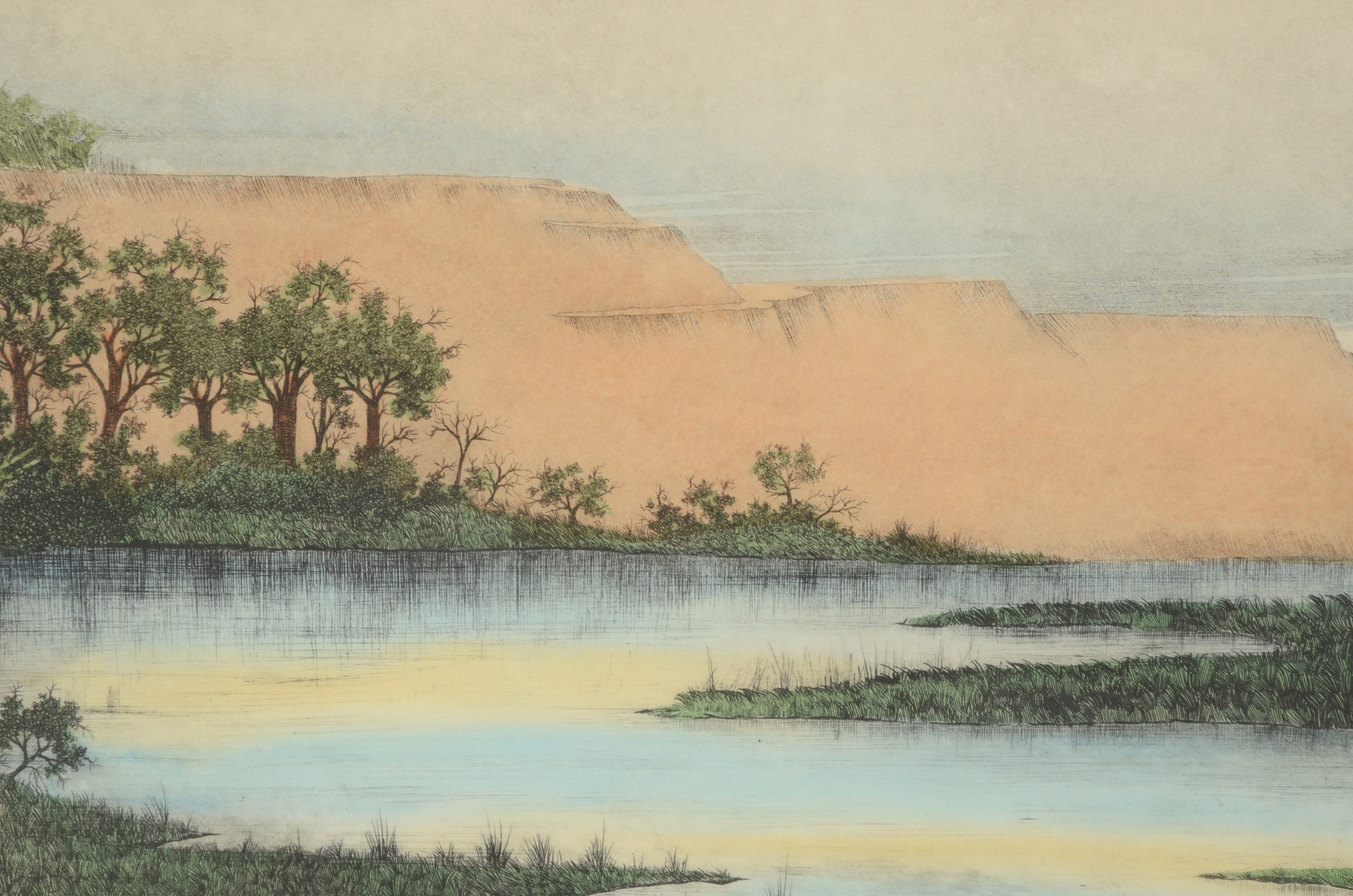 Hand-Colored Landscape Etching with Deer