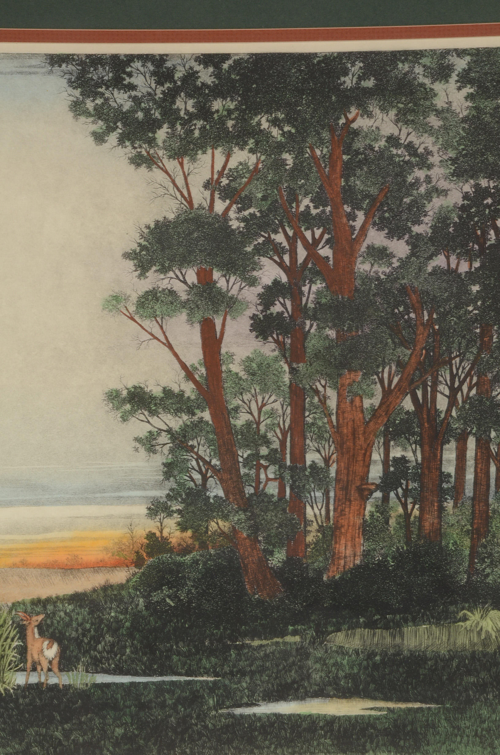 Hand-Colored Landscape Etching with Deer