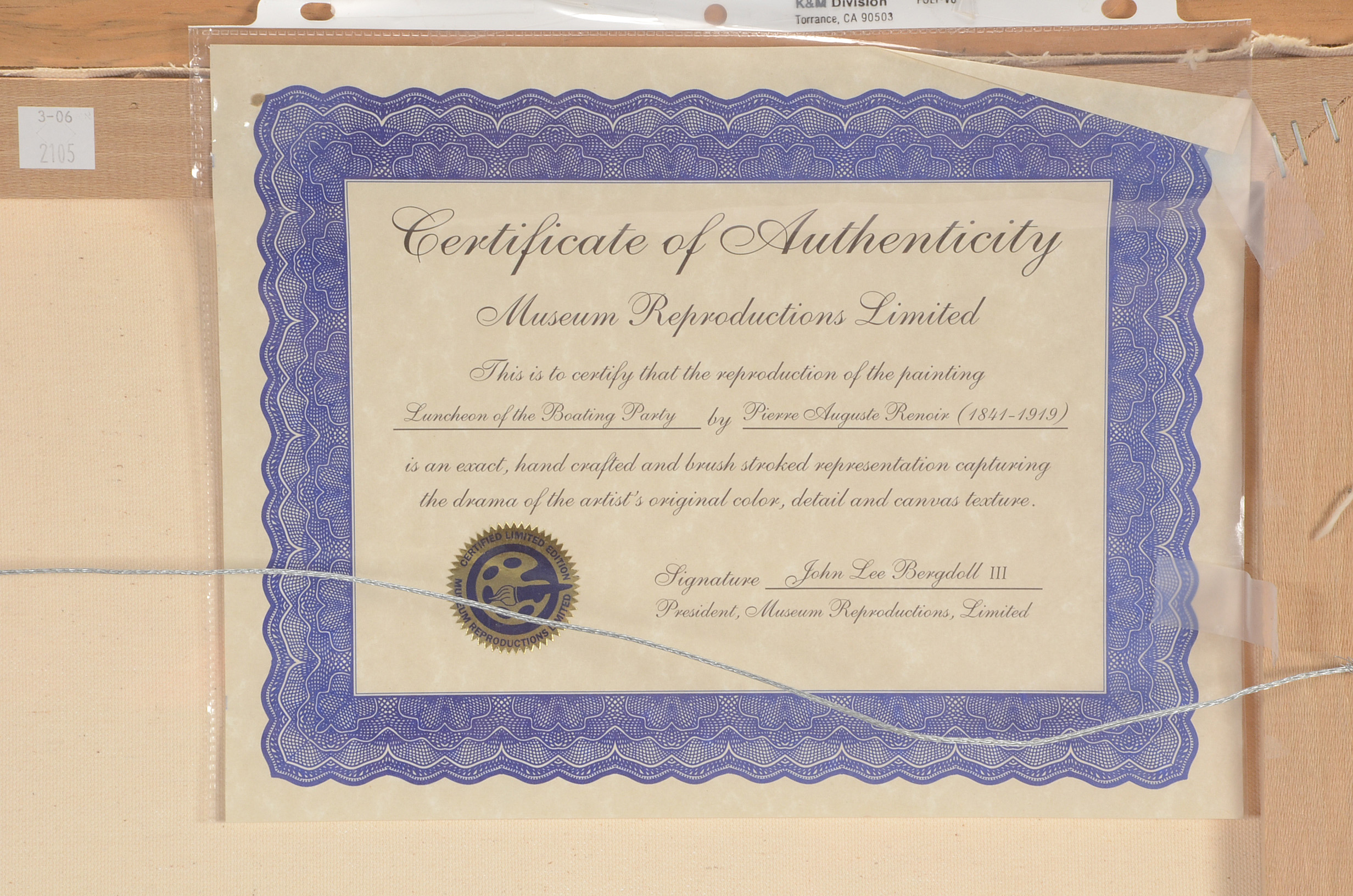 Offset Lithographic Reproduction on Canvas after Pierre-Auguste Renoir "Luncheon of the Boating Party"