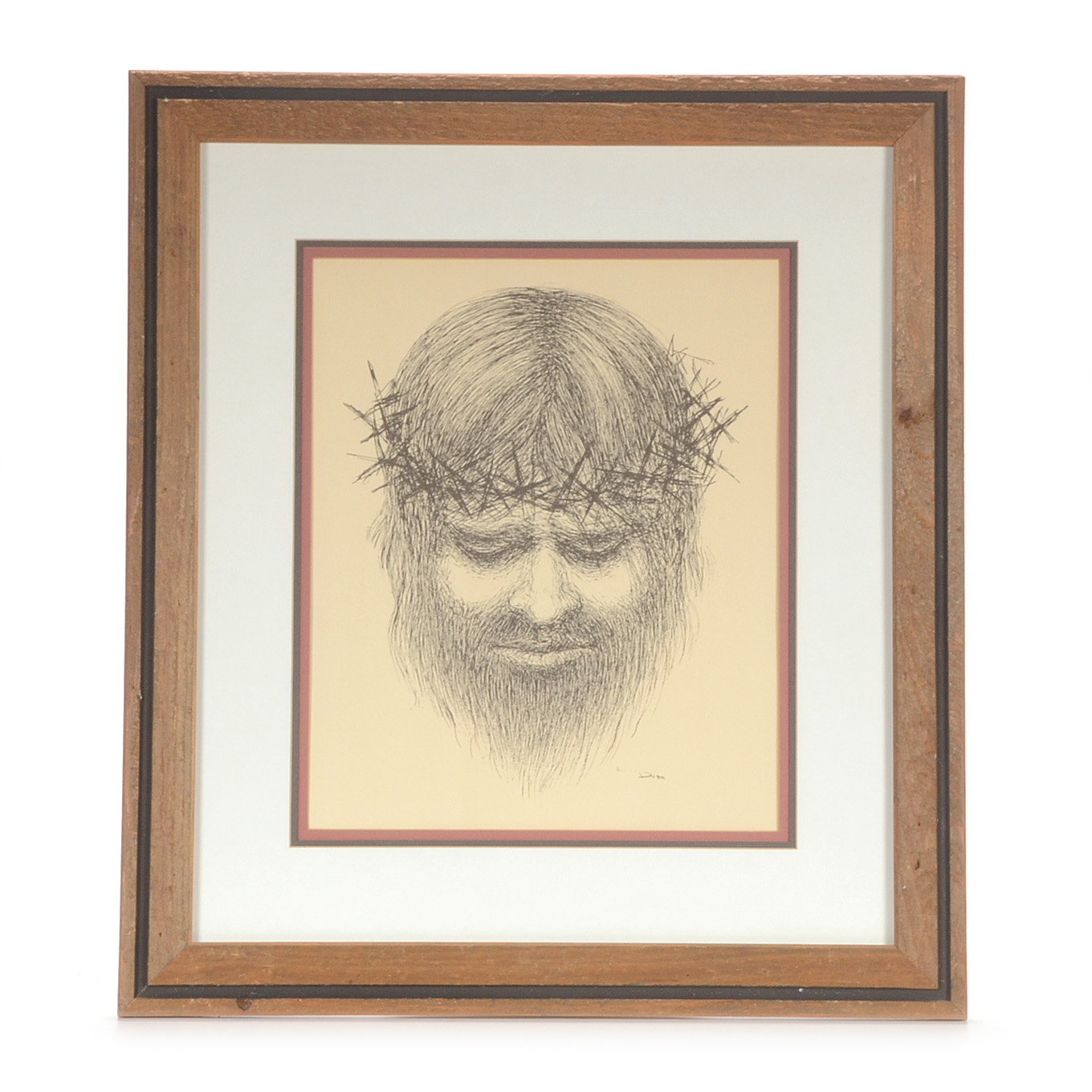 Lithographic Reproduction after L. Dunn Pen & Ink Portrait of Christ with Crown of Thorns