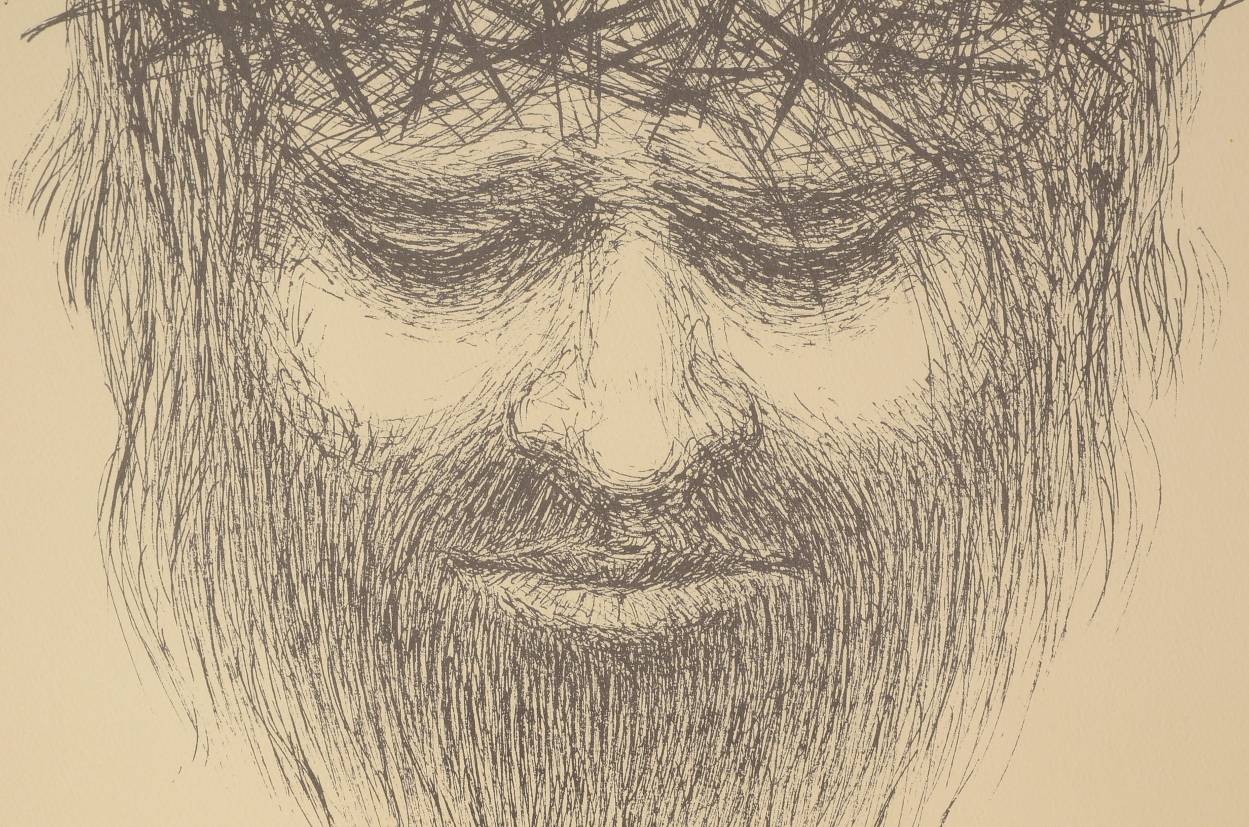 Lithographic Reproduction after L. Dunn Pen & Ink Portrait of Christ with Crown of Thorns