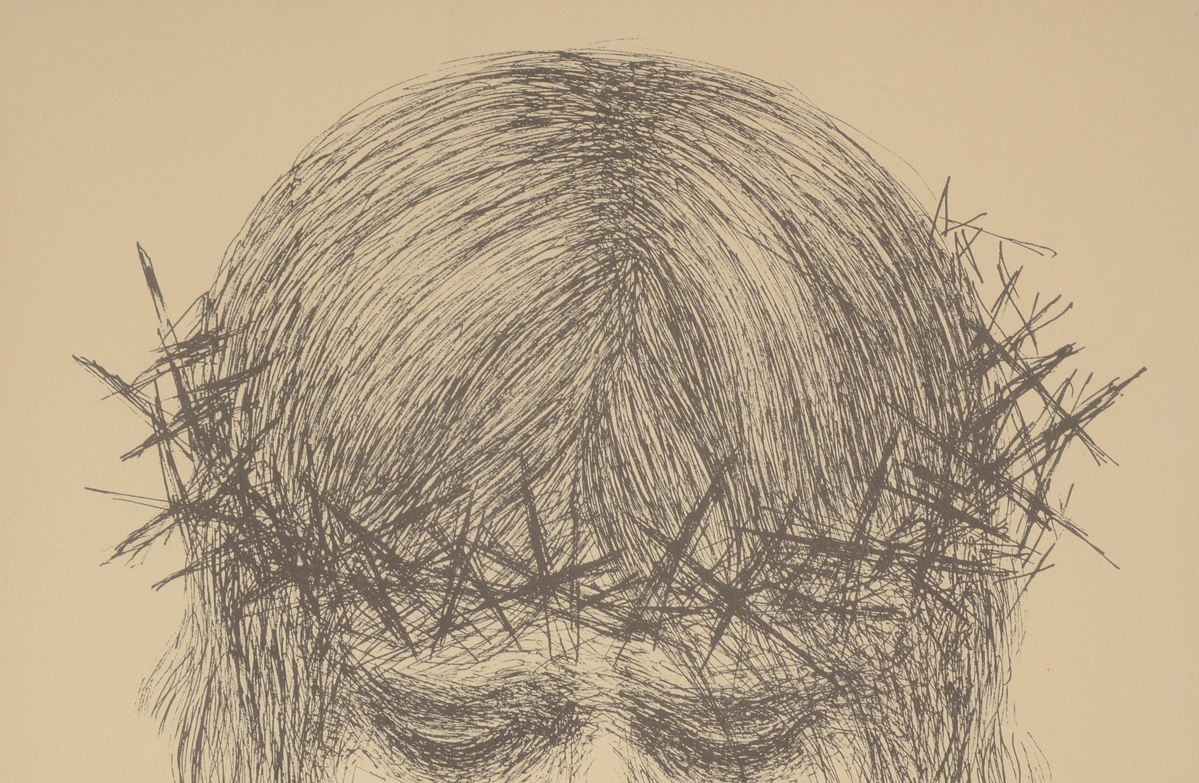 Lithographic Reproduction after L. Dunn Pen & Ink Portrait of Christ with Crown of Thorns