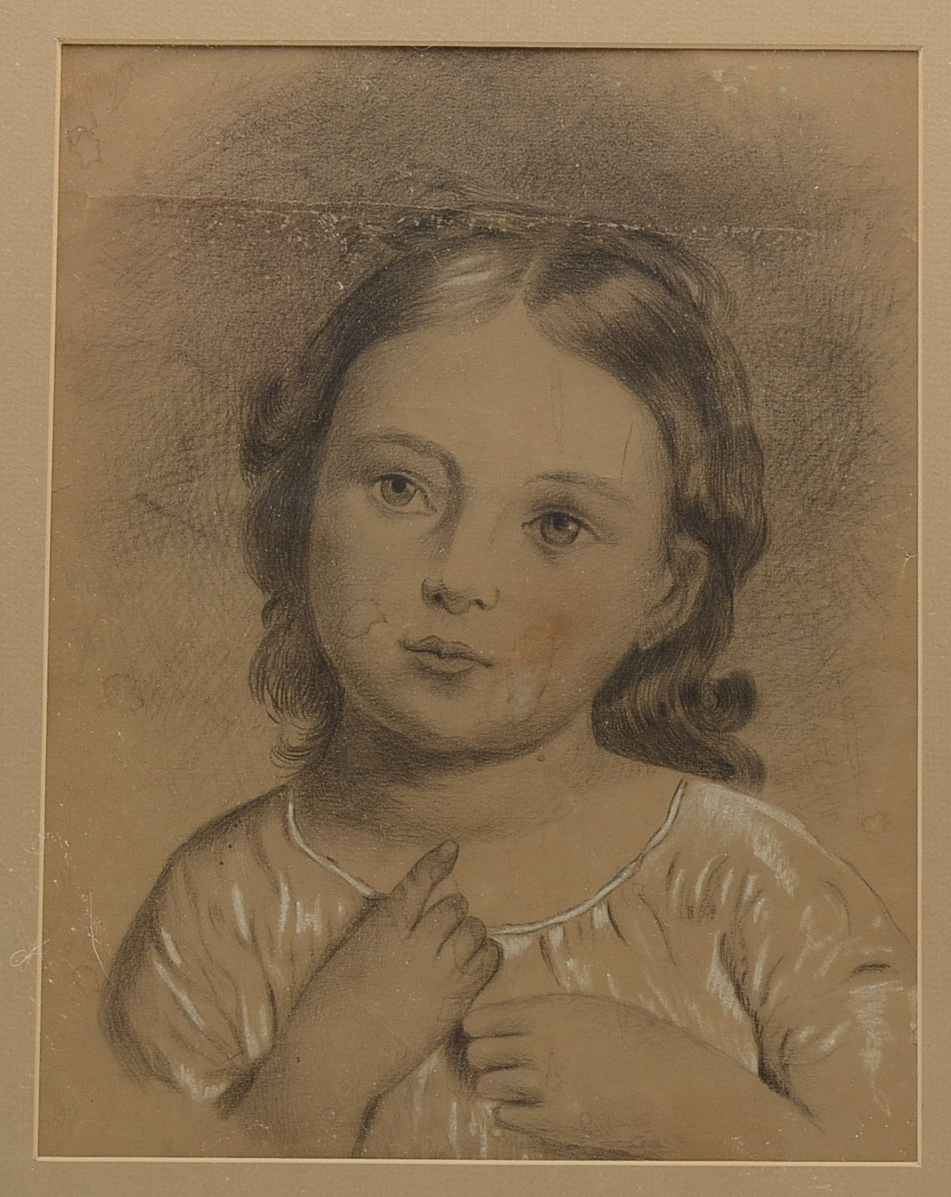 Wax Crayon and Conté Drawing of Young Girl