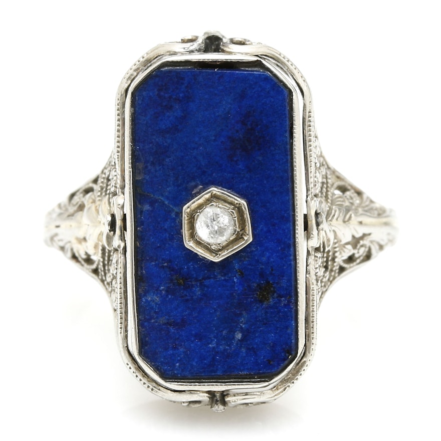 14K White Gold Lapis Lazuli, Onyx, and Diamond Ring