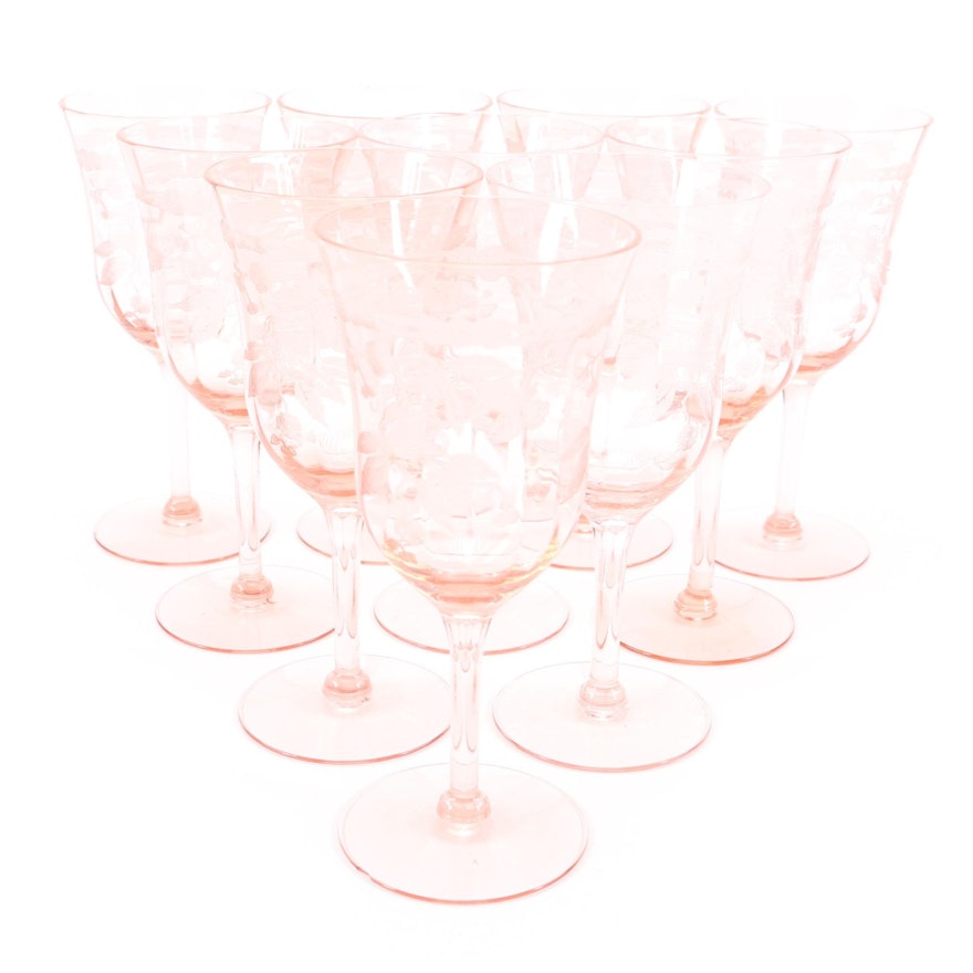 Circa 1930s Pink "Cherry Blossom" Wine Glasses