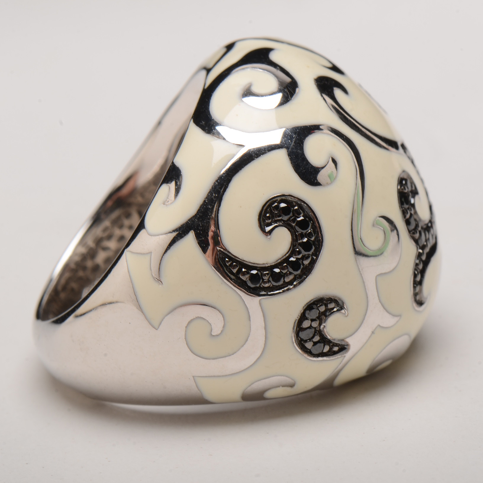 Belle Étoile Sterling Silver Black Cubic Zironia Enamel "Royale" Dome Ring
