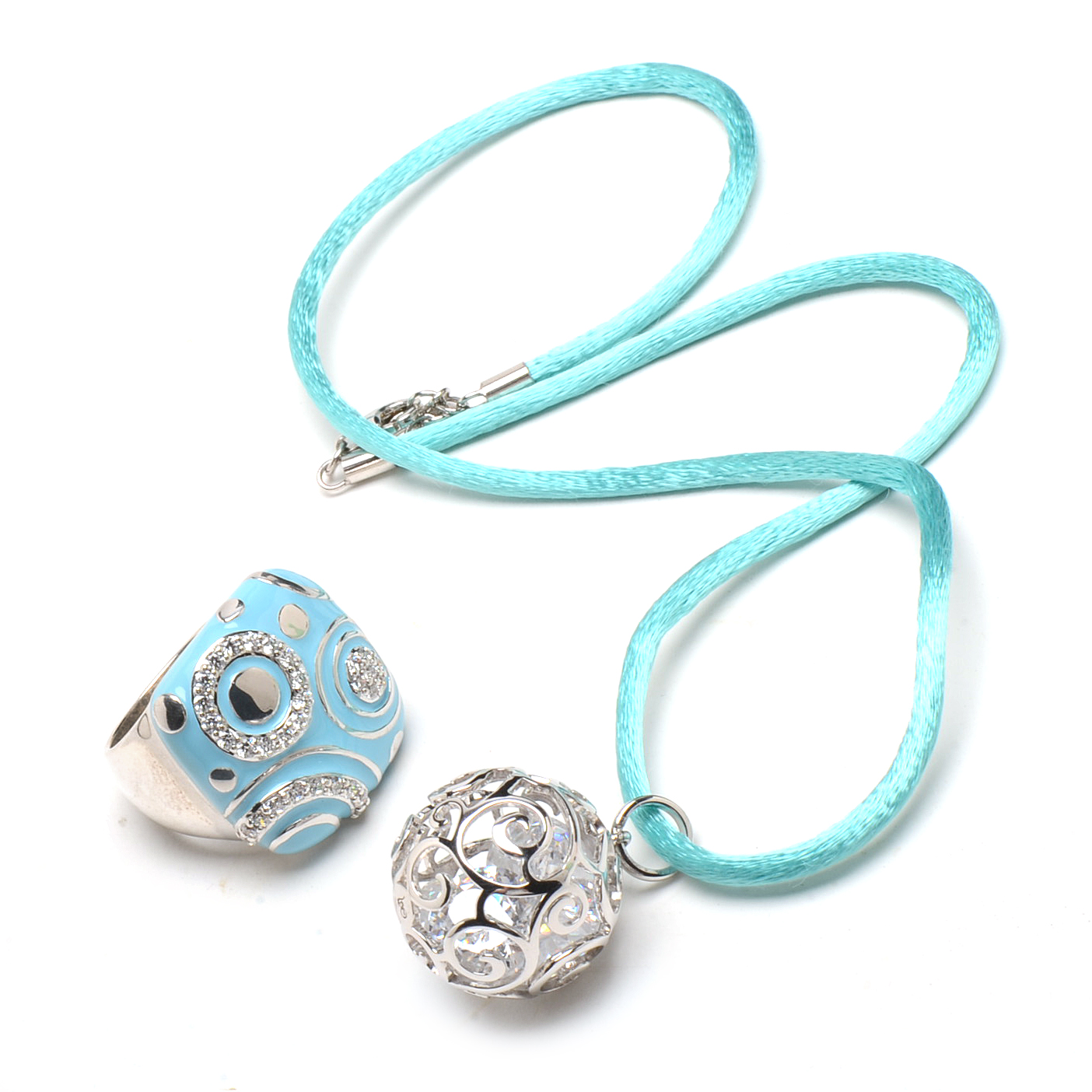 Belle Étoile Sterling Silver Cubic Zirconia Turquoise Enamel "Galaxy" Ring and Necklace