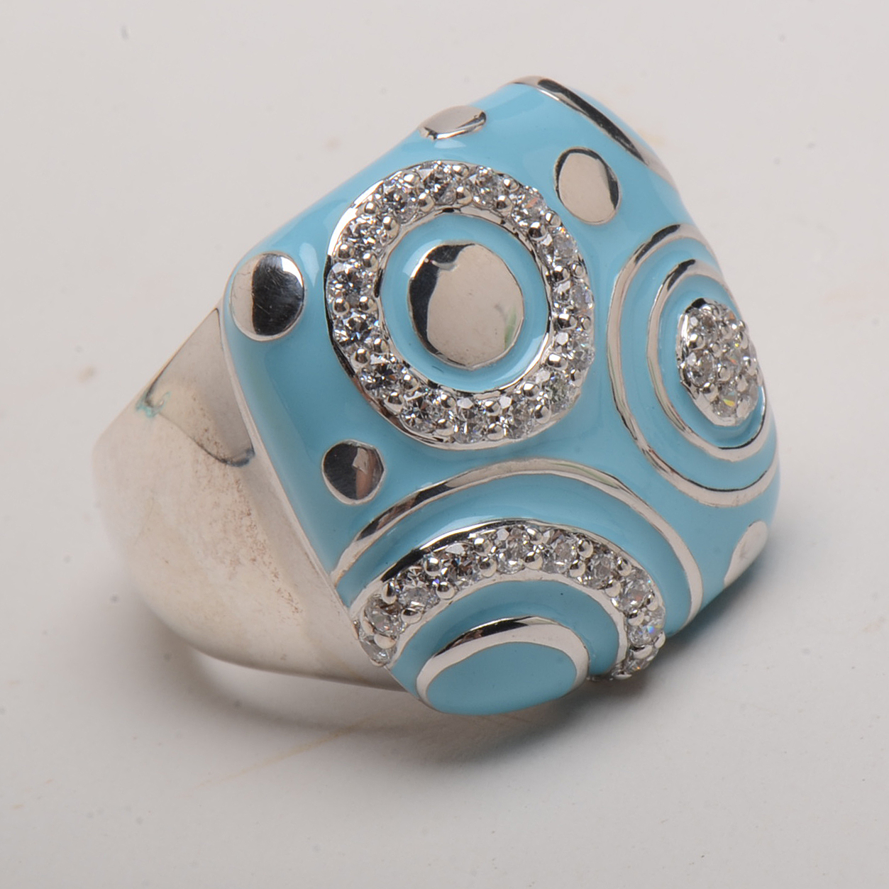 Belle Étoile Sterling Silver Cubic Zirconia Turquoise Enamel "Galaxy" Ring and Necklace