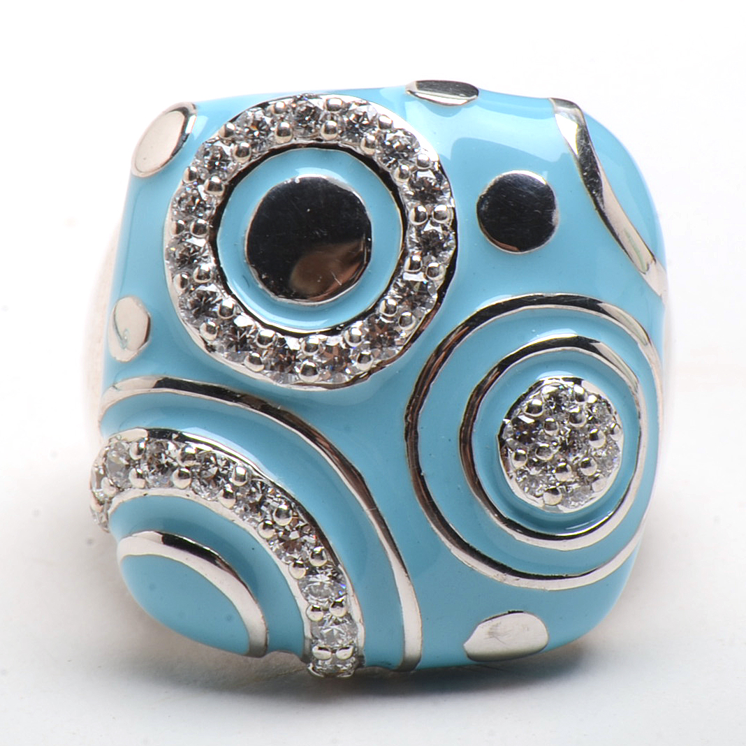 Belle Étoile Sterling Silver Cubic Zirconia Turquoise Enamel "Galaxy" Ring and Necklace