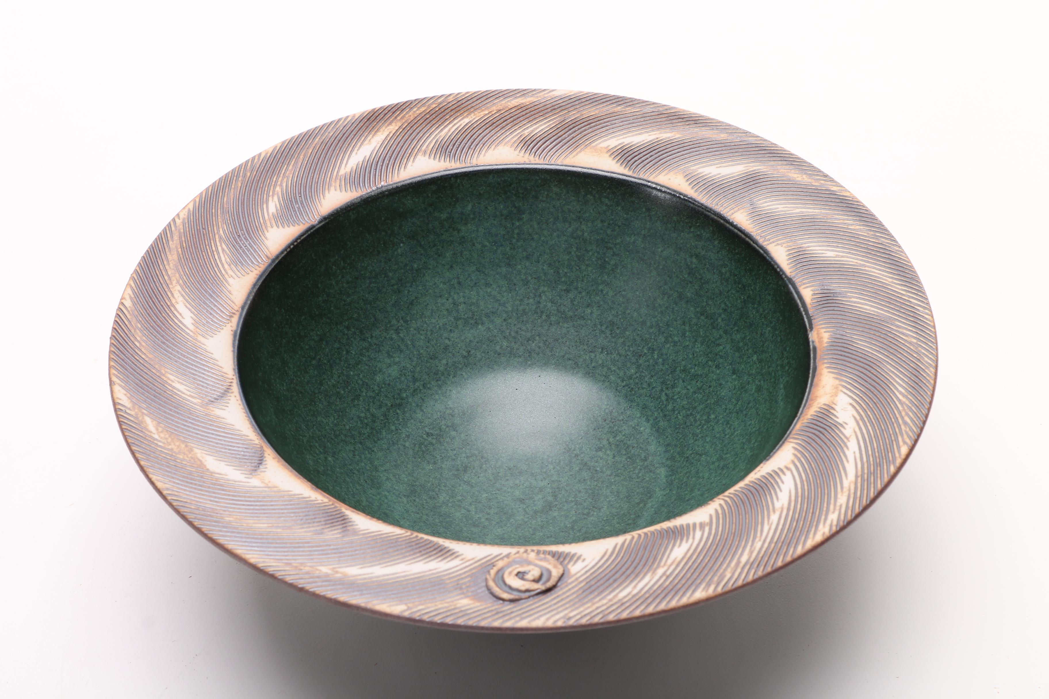 Green Swirled Art Pottery Bowl