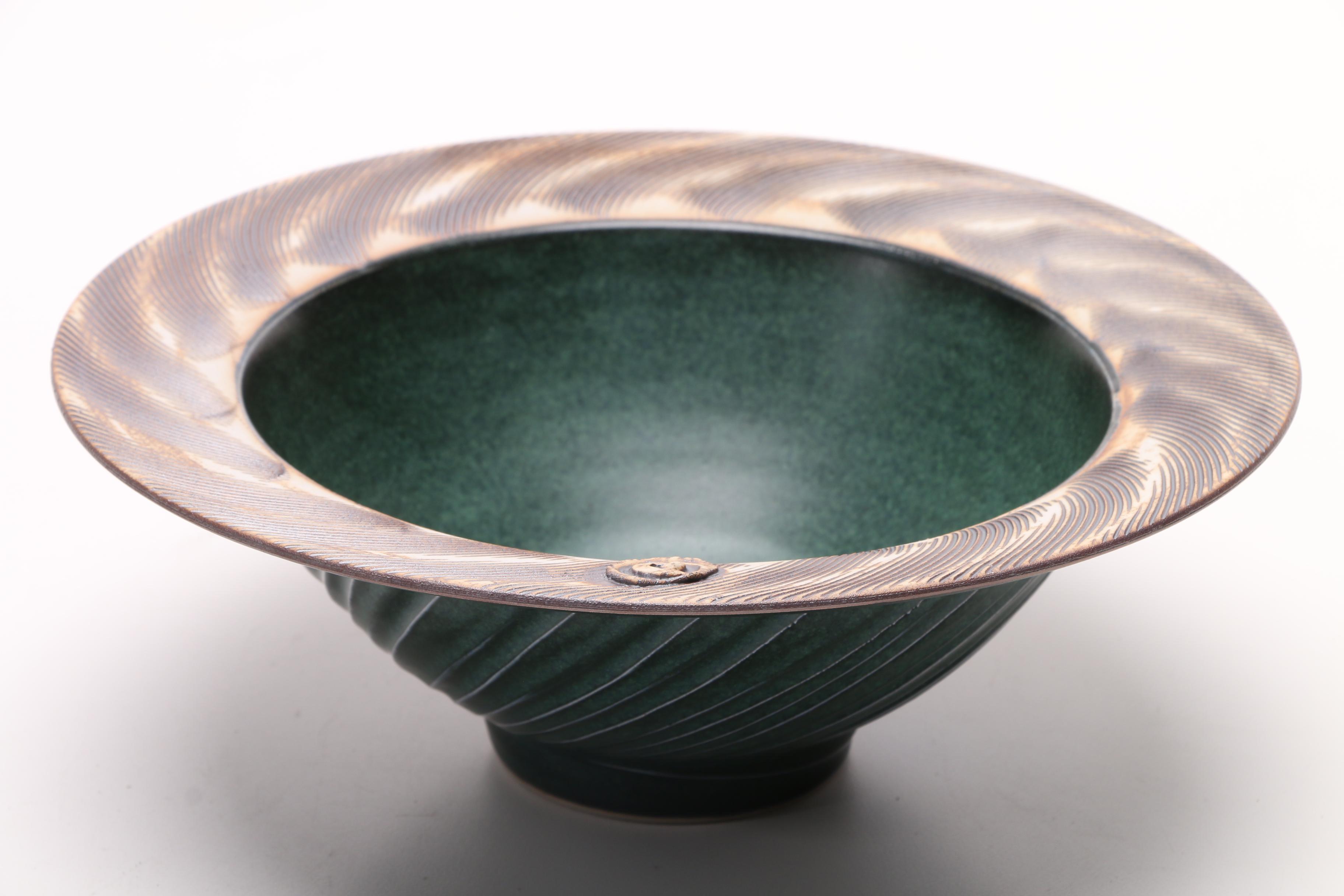 Green Swirled Art Pottery Bowl