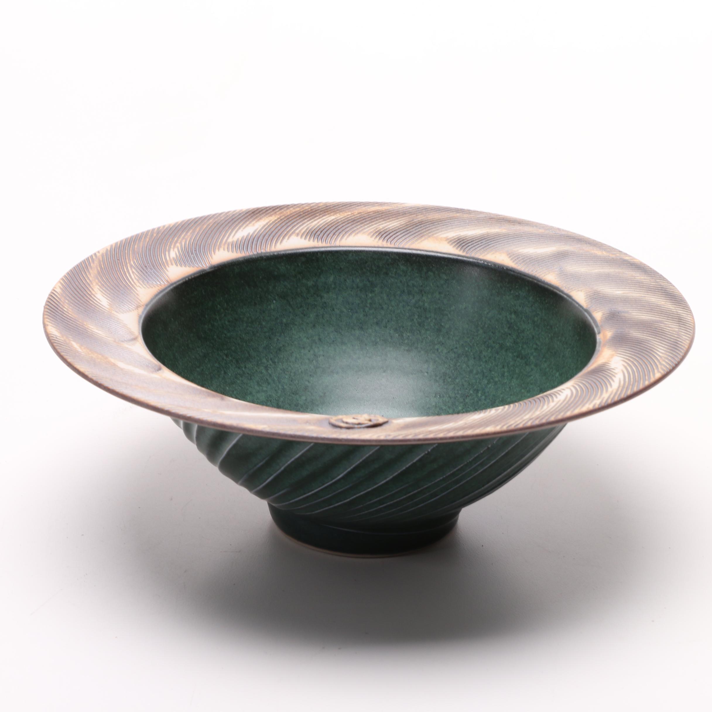 Green Swirled Art Pottery Bowl