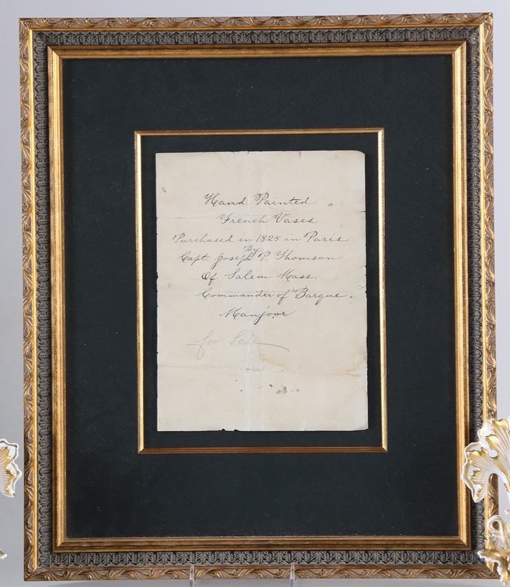 Ornate Porcelain Old Paris Vases and Framed Letter of Provenance