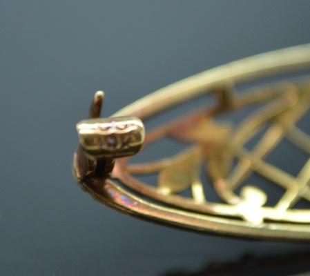 Victorian 14K Yellow Gold Cultured Pearl and Enamel Leaf Brooch