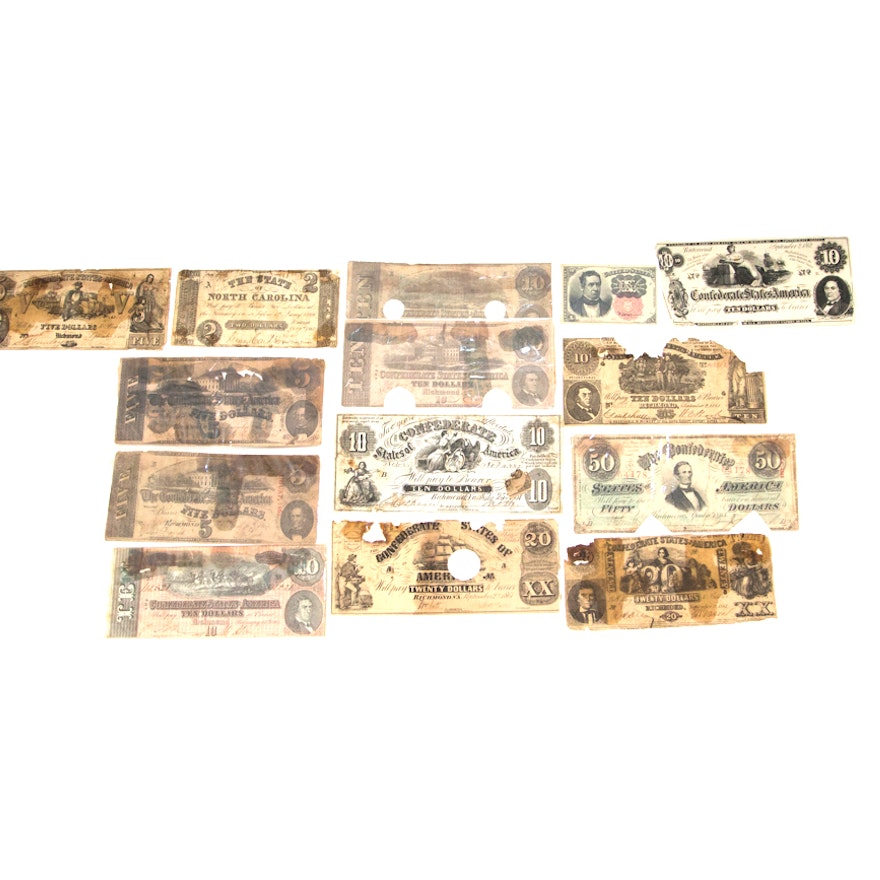 Collection of Confederate Banknotes Circa 1861-1864