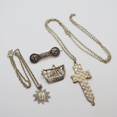 Two Sterling Silver Pendant Necklace and Two Brooches