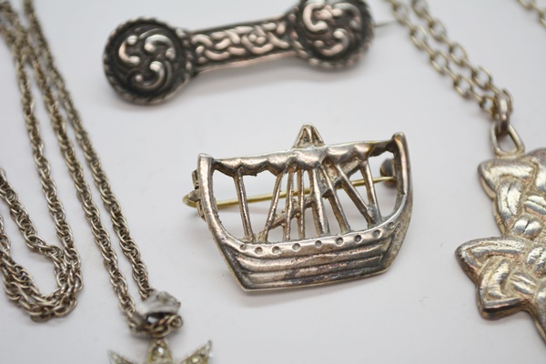 Two Sterling Silver Pendant Necklace and Two Brooches