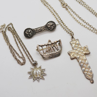 Two Sterling Silver Pendant Necklace and Two Brooches