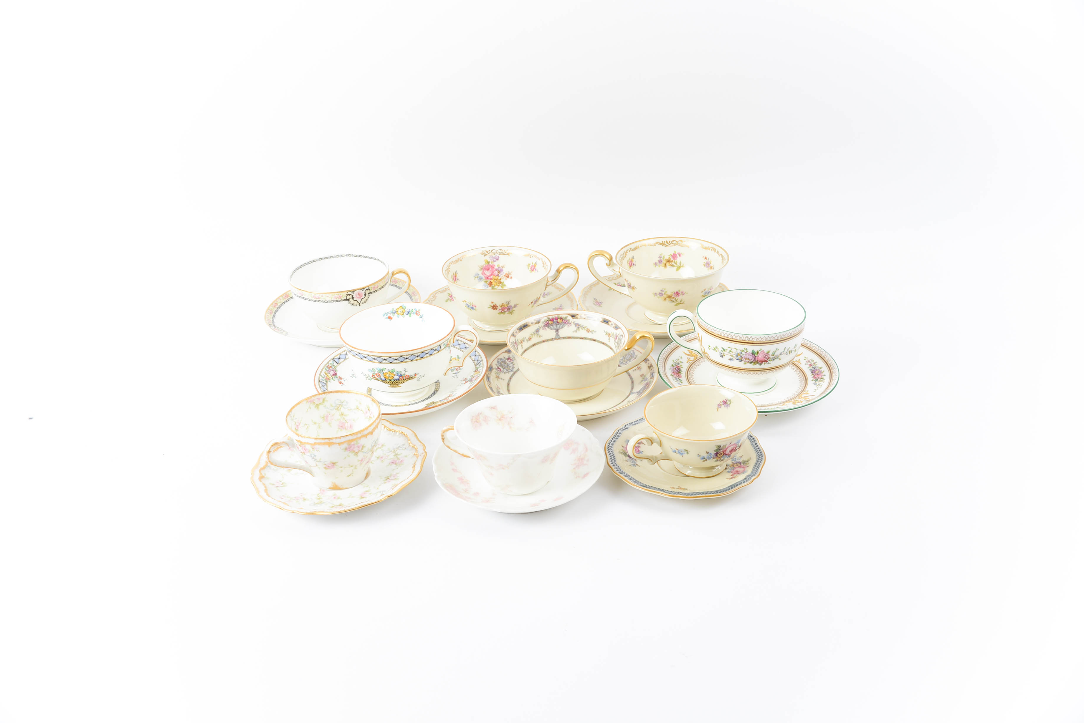 Collection of Floral Motif Teacup and Saucer Sets