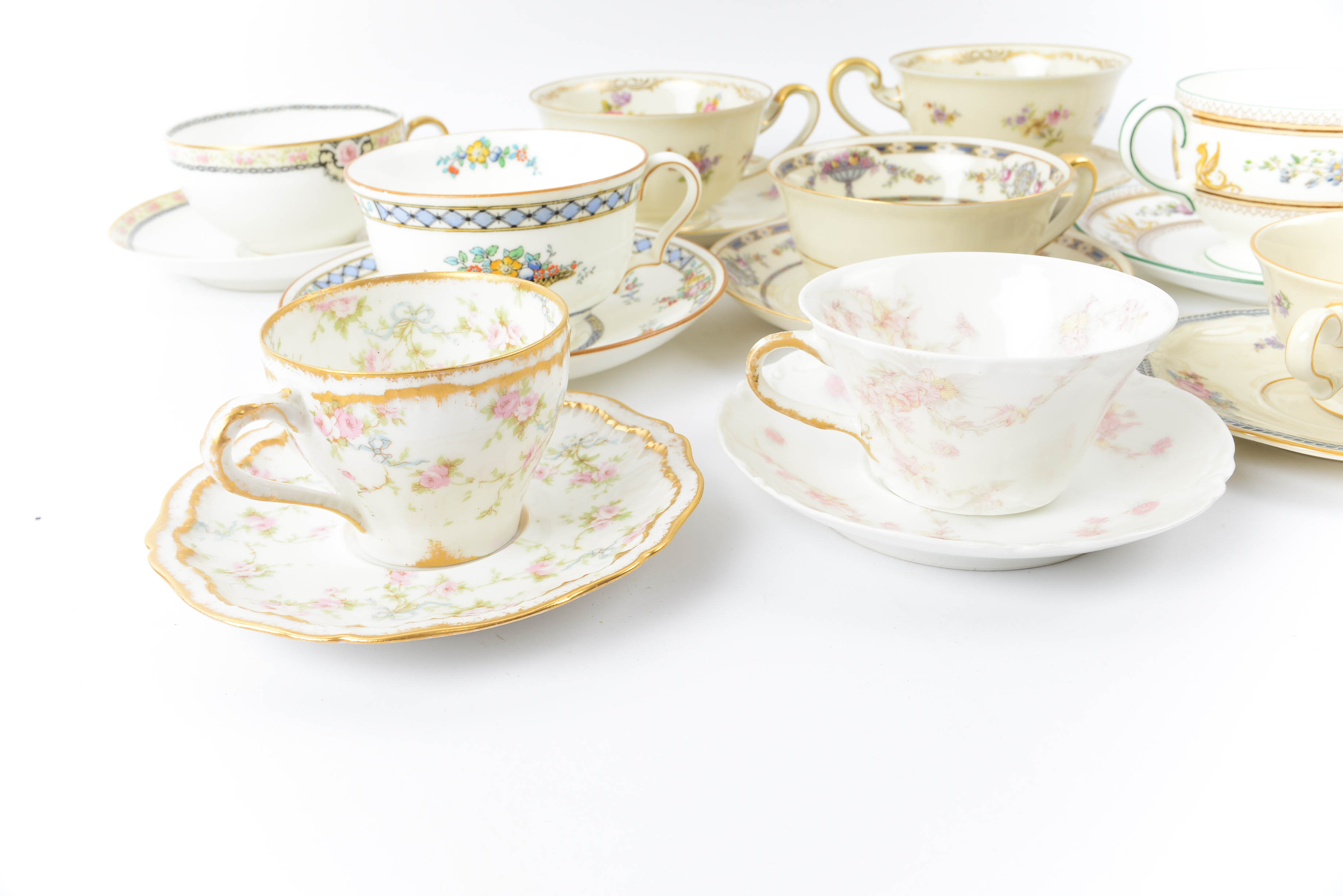 Collection of Floral Motif Teacup and Saucer Sets