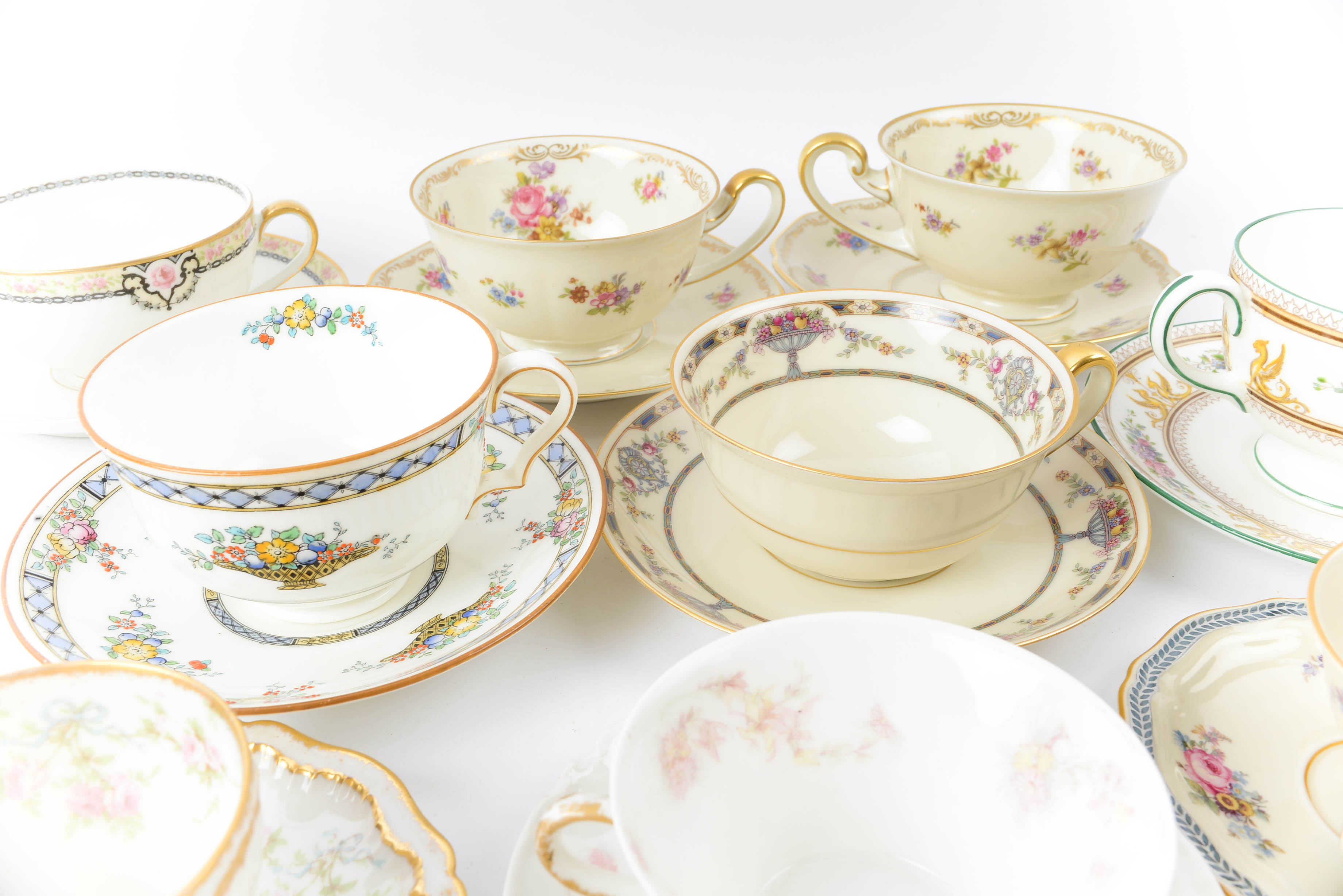 Collection of Floral Motif Teacup and Saucer Sets