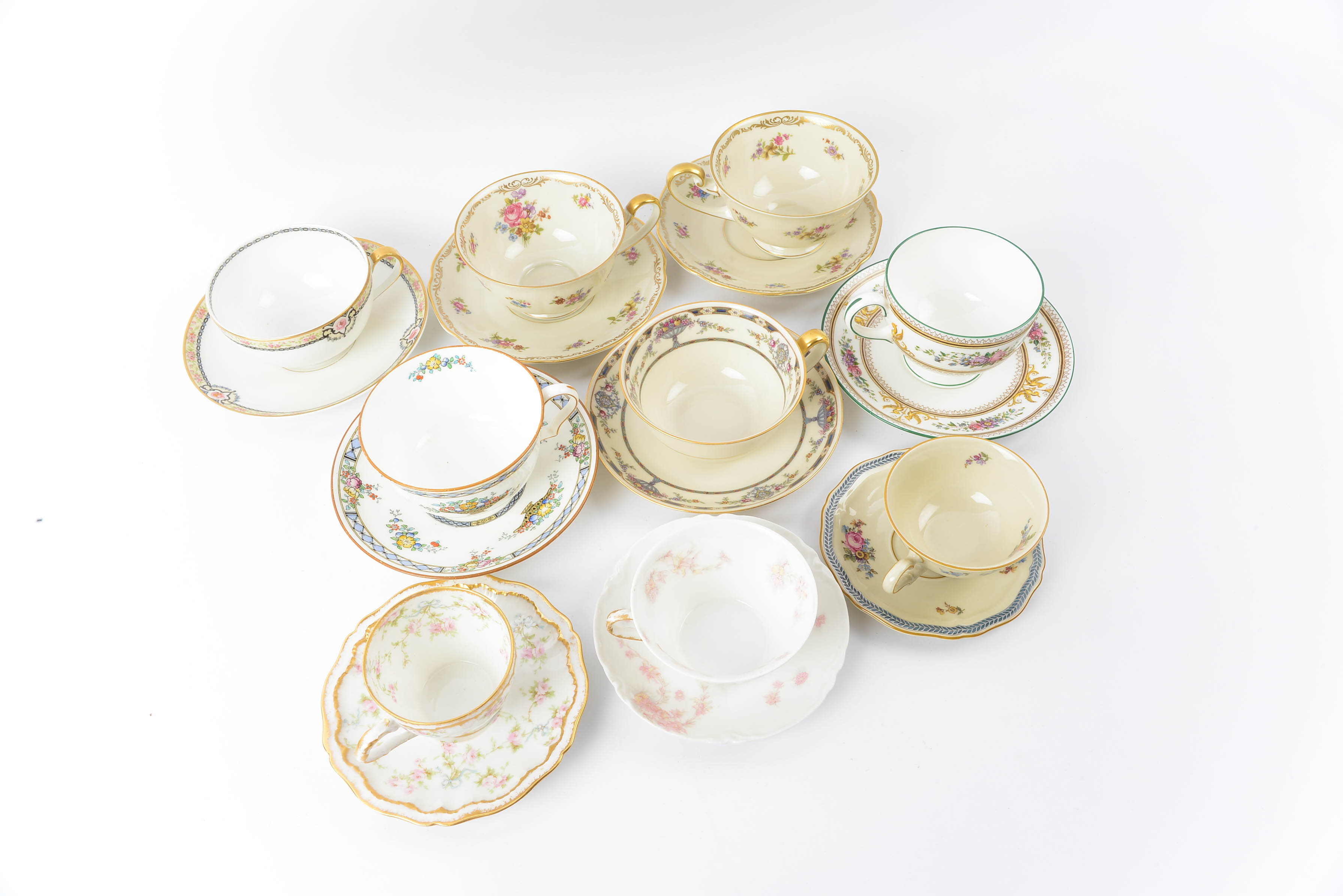 Collection of Floral Motif Teacup and Saucer Sets