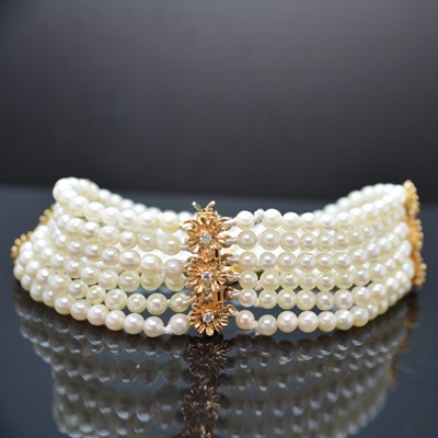 14K Yellow Gold Six Strand Cultured Pearl and Diamond Bracelet
