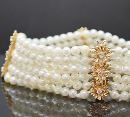 14K Yellow Gold Six Strand Cultured Pearl and Diamond Bracelet