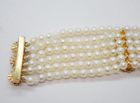 14K Yellow Gold Six Strand Cultured Pearl and Diamond Bracelet